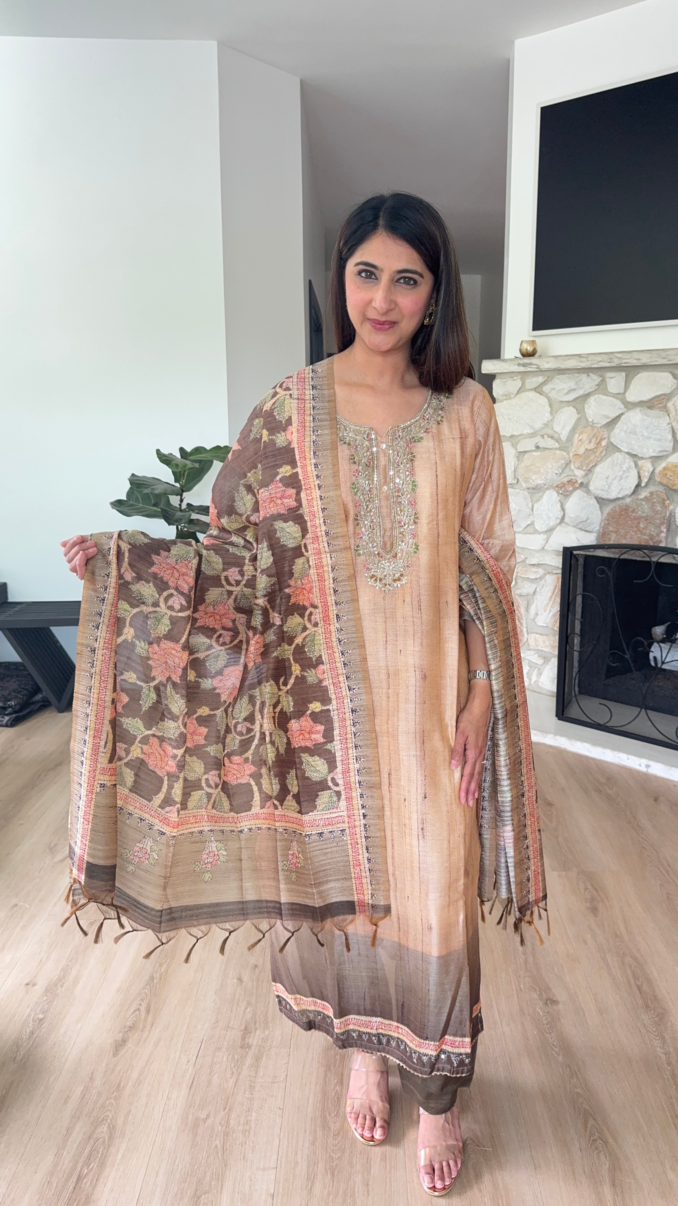 Beige chanderi kurta set with dark olive handloom dupatta