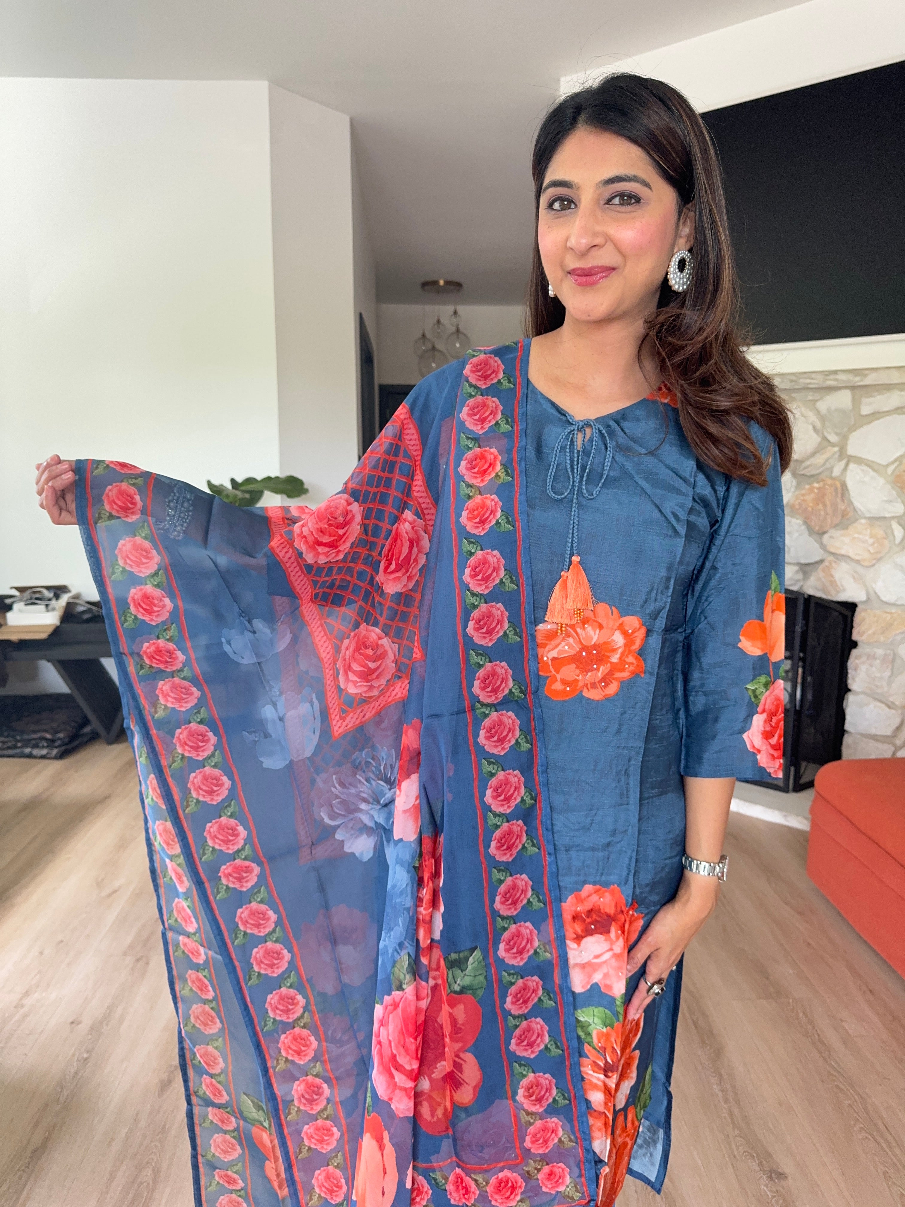 Cobalt blue muslin floral printed kurta set with organza dupatta
