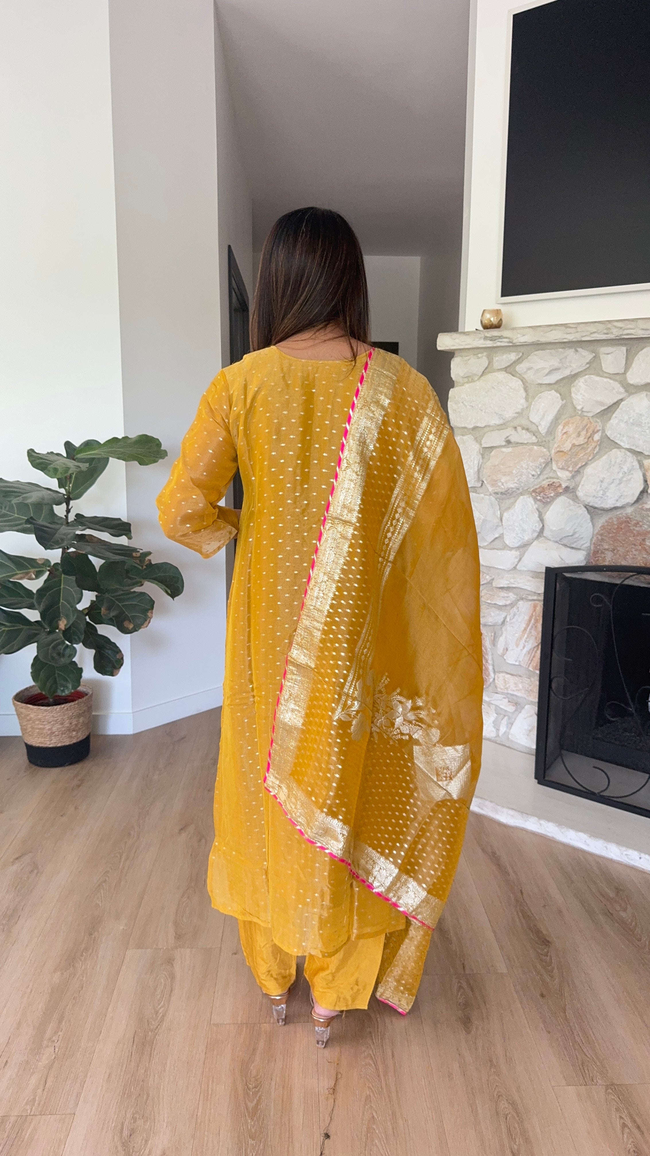 Mustard yellow shimmer tissue kurta set with tissue dupatta