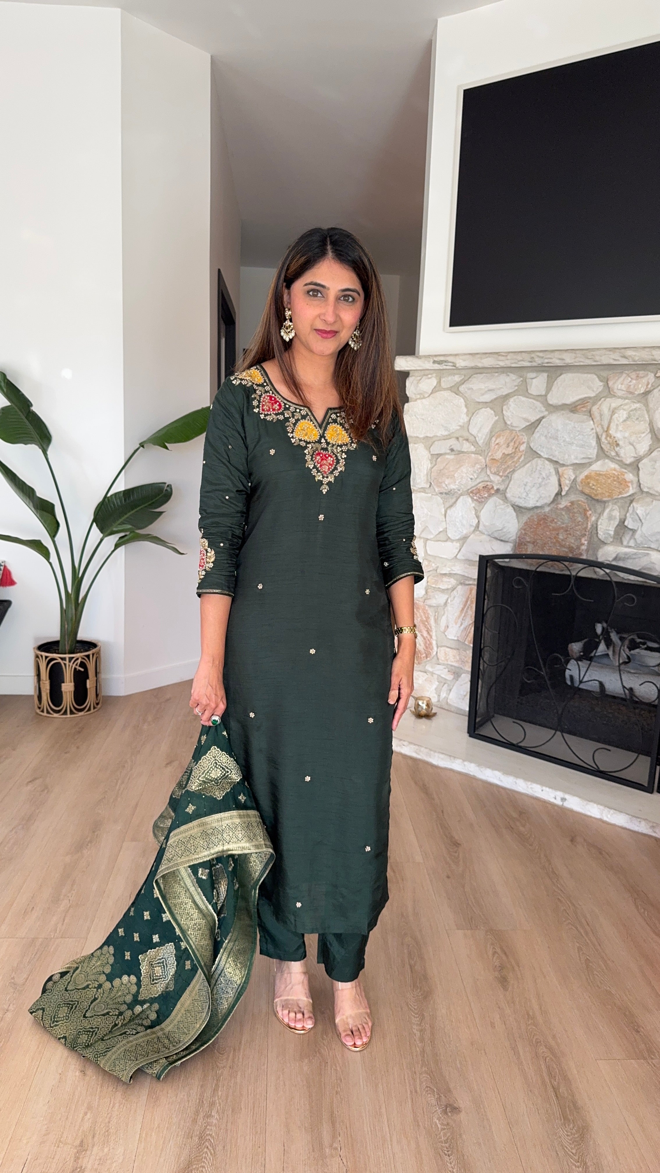 Dark green dola silk kurta set with woven dupatta