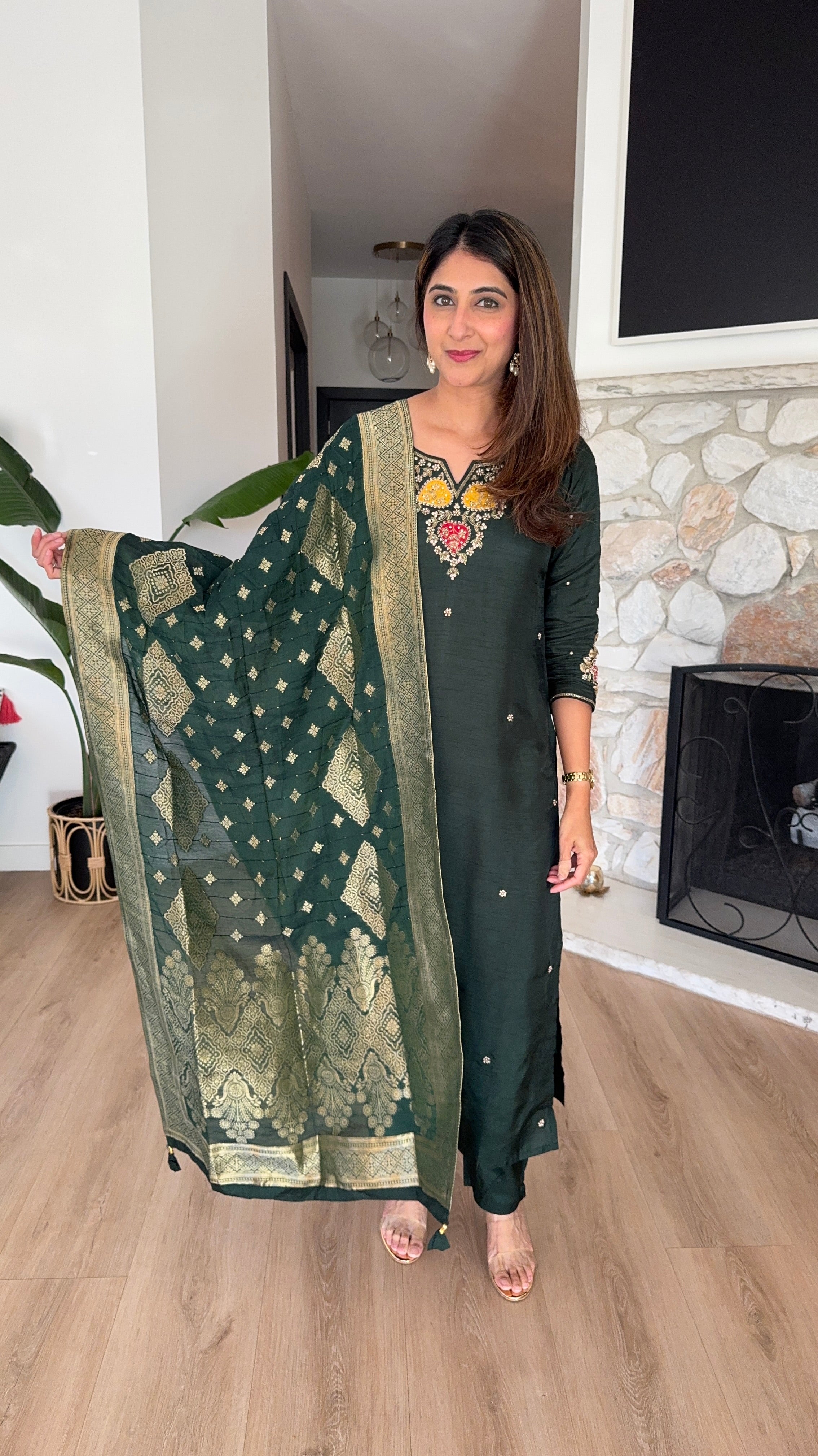 Dark green dola silk kurta set with woven dupatta