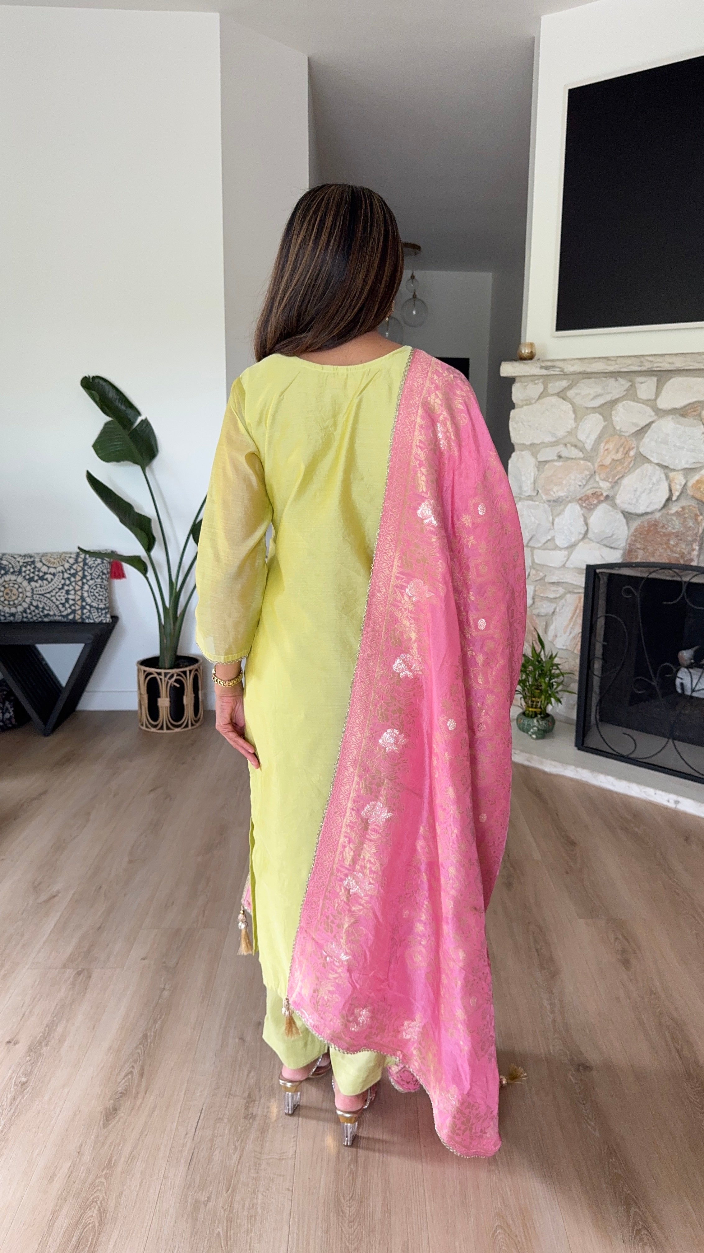 Lemon yellow chanderi silk kurta set with soft pink brocade dupatta