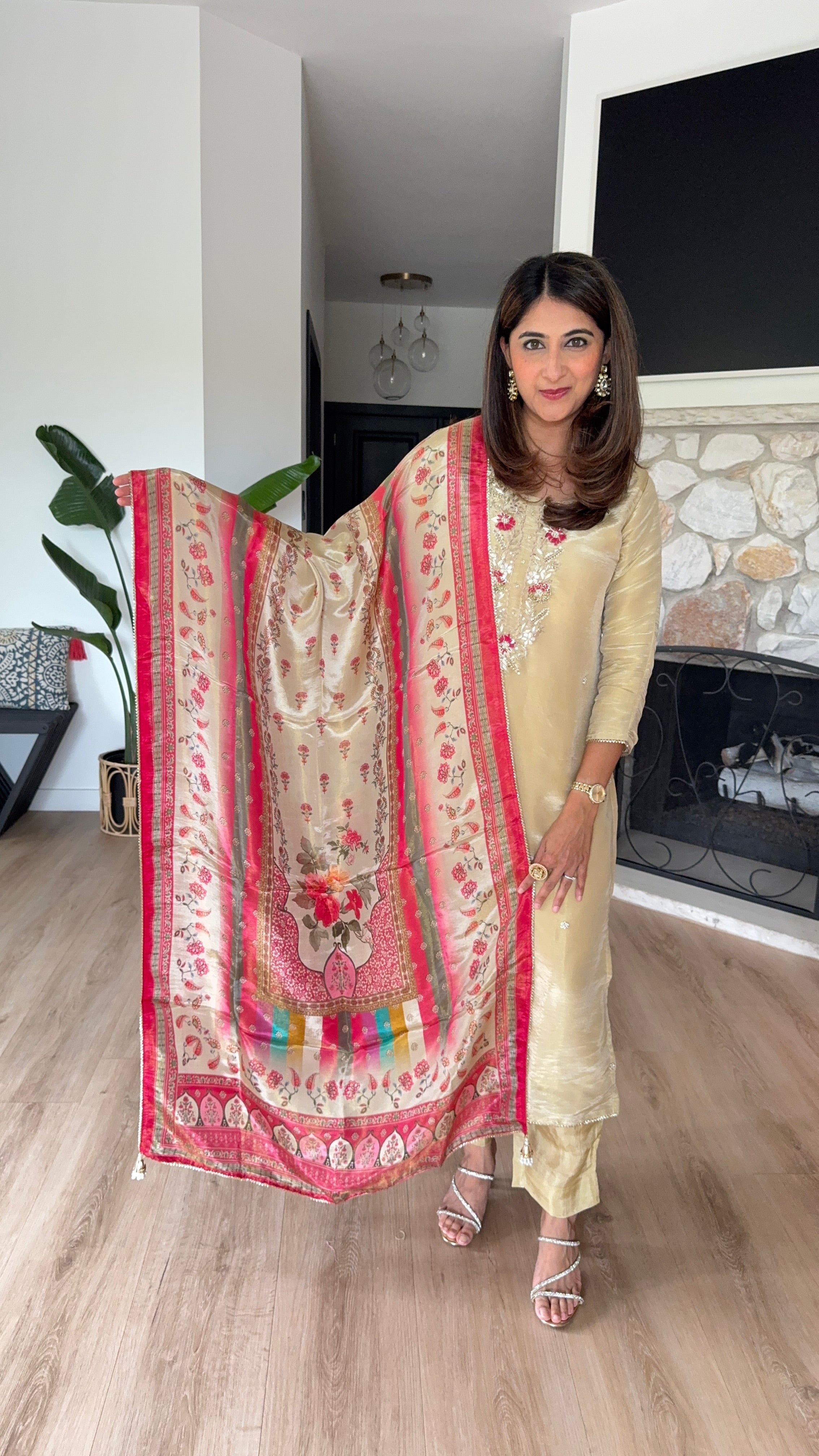 Beige shimmer silk kurta set with pink printed crepe dupatta