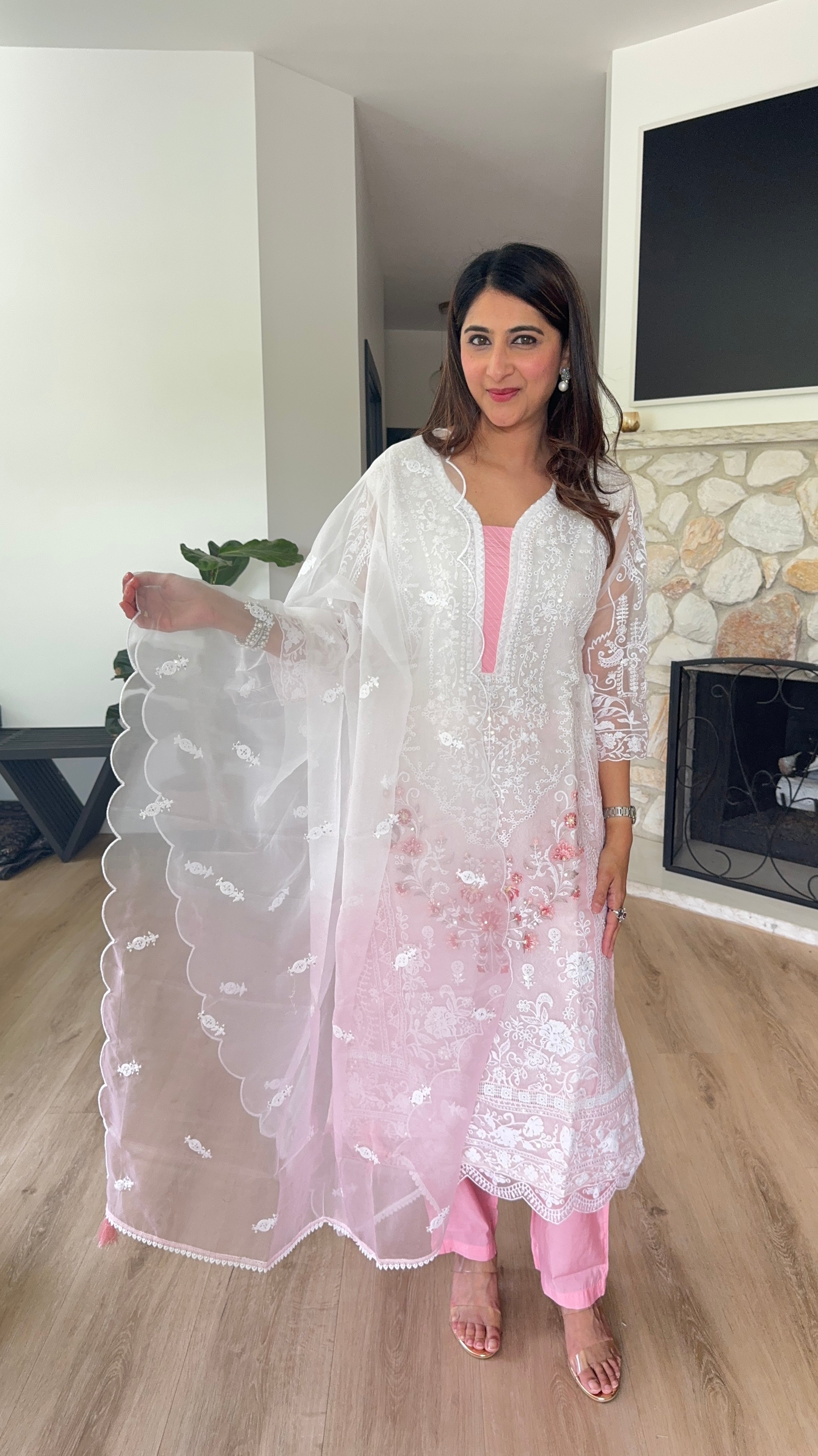 White and pink organza kurta set with organza dupatta