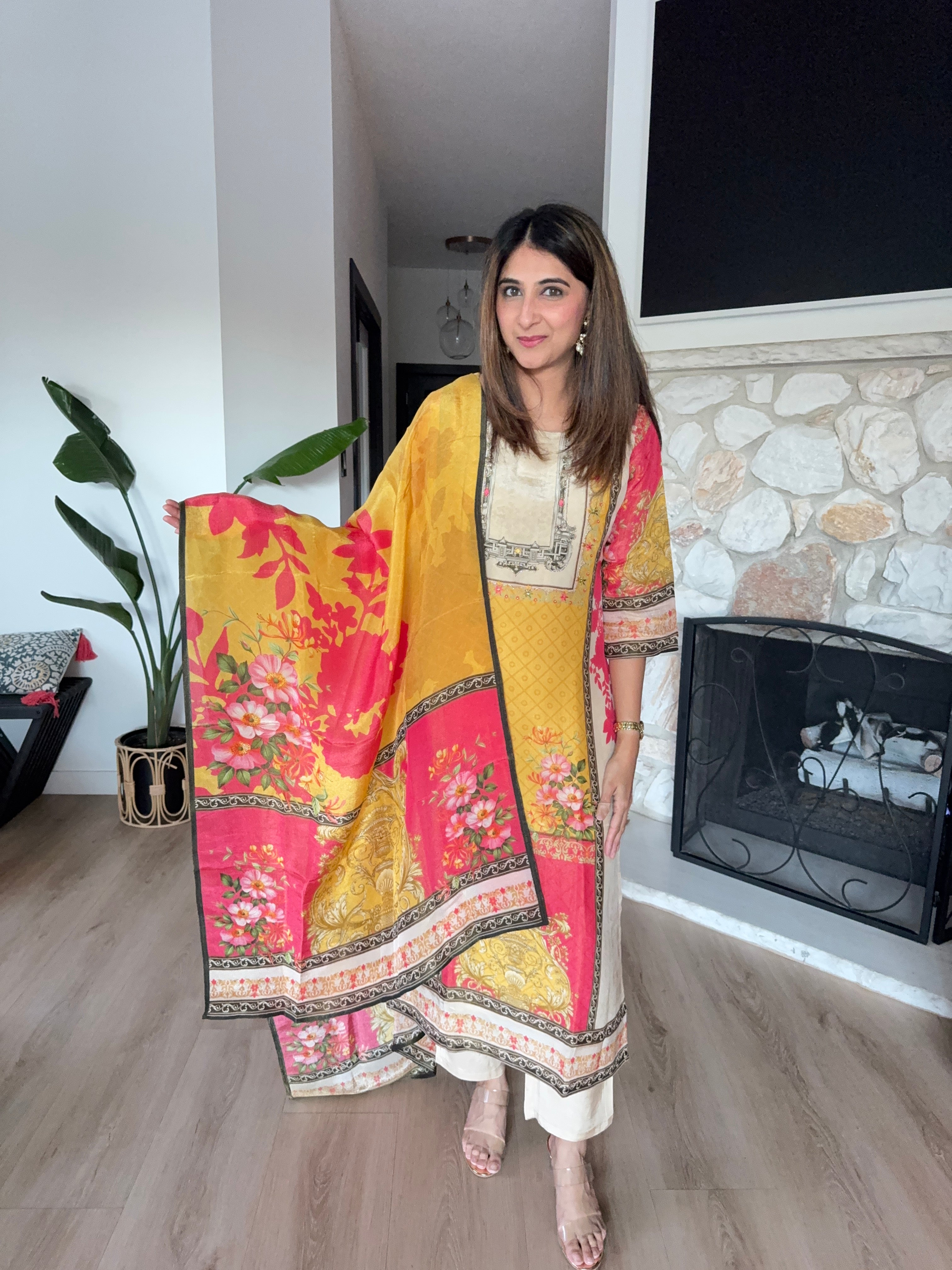 Mustard yellow and beige shimmer tissue printed kurta set