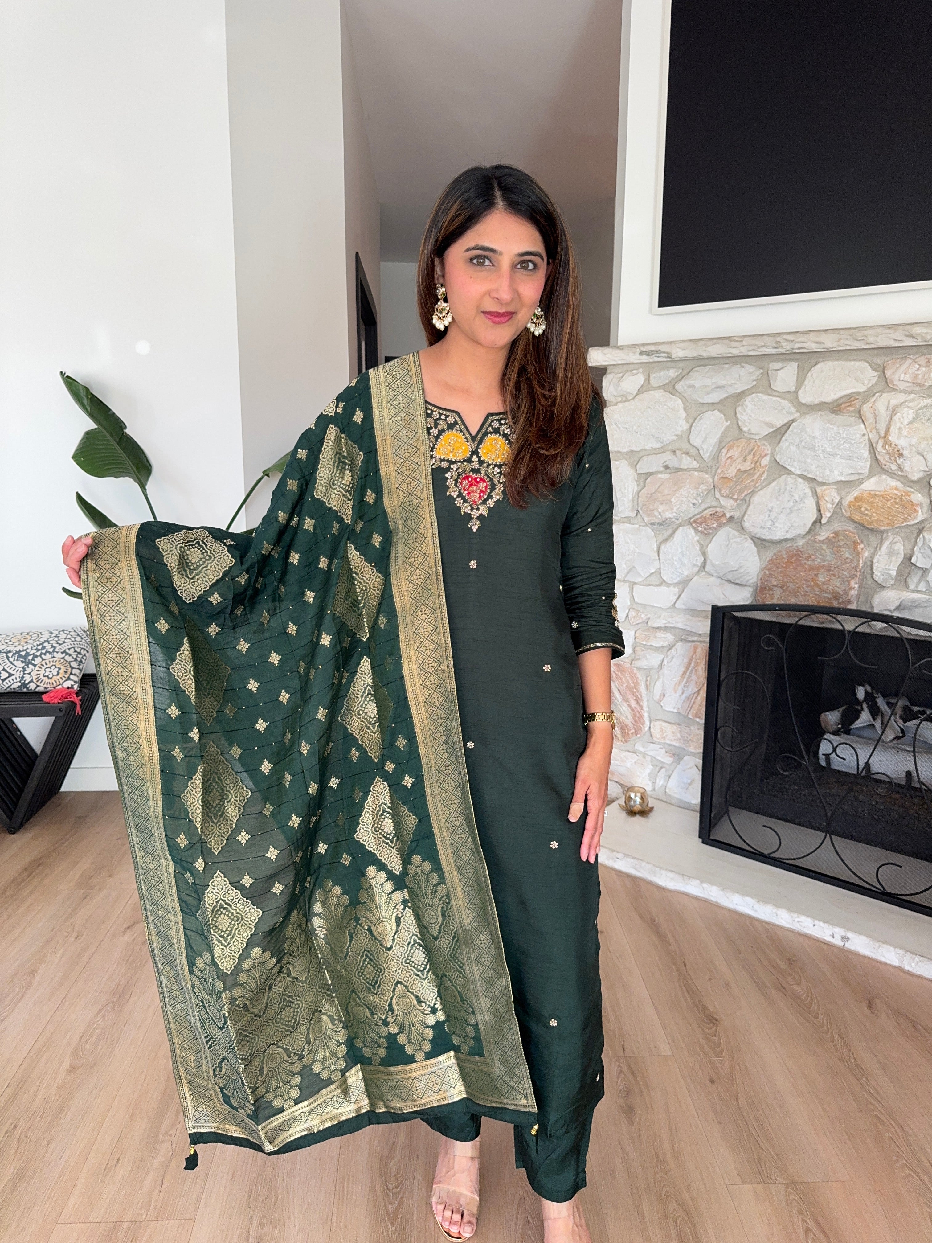 Dark green dola silk kurta set with woven dupatta