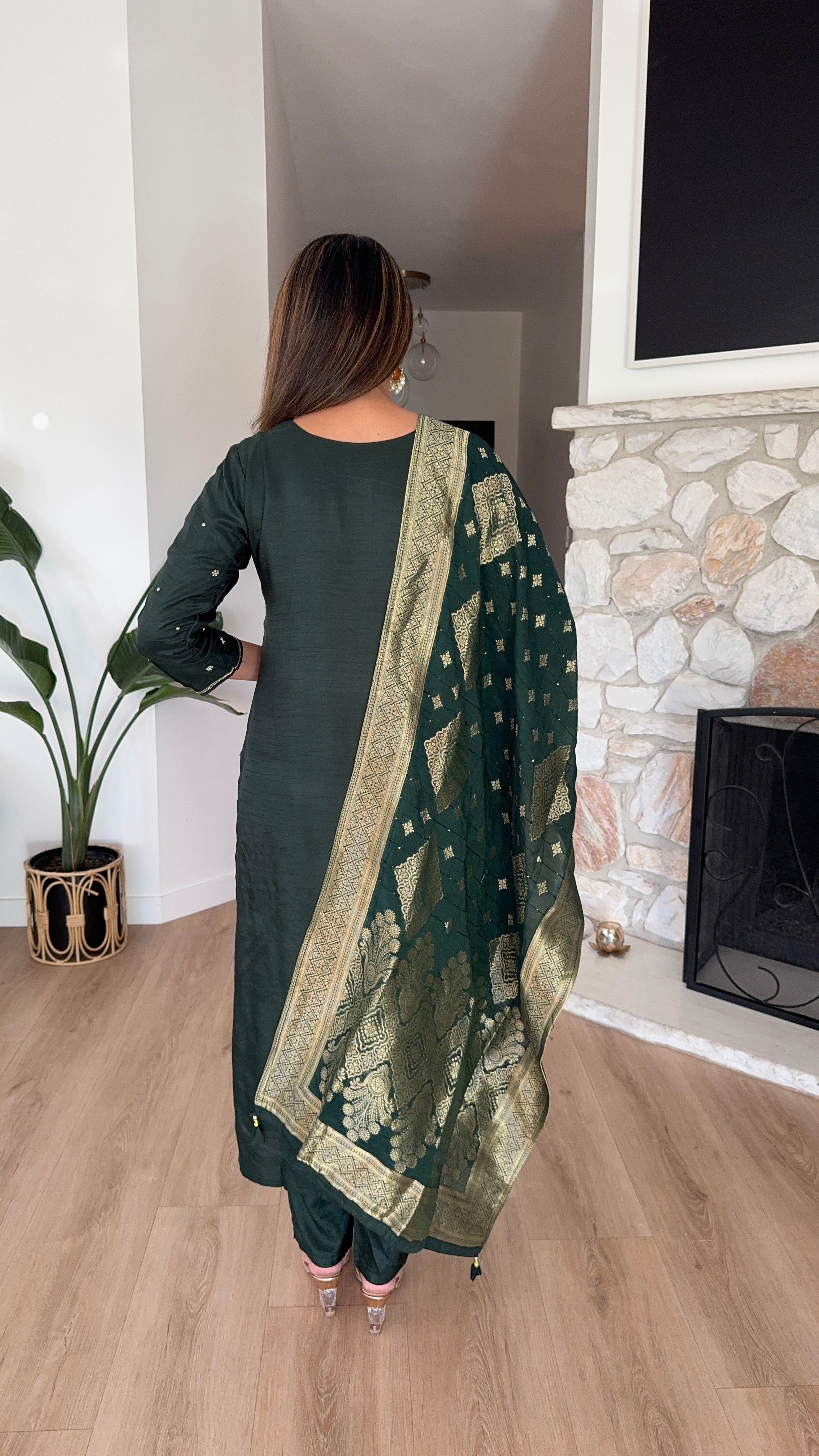Dark green dola silk kurta set with woven dupatta