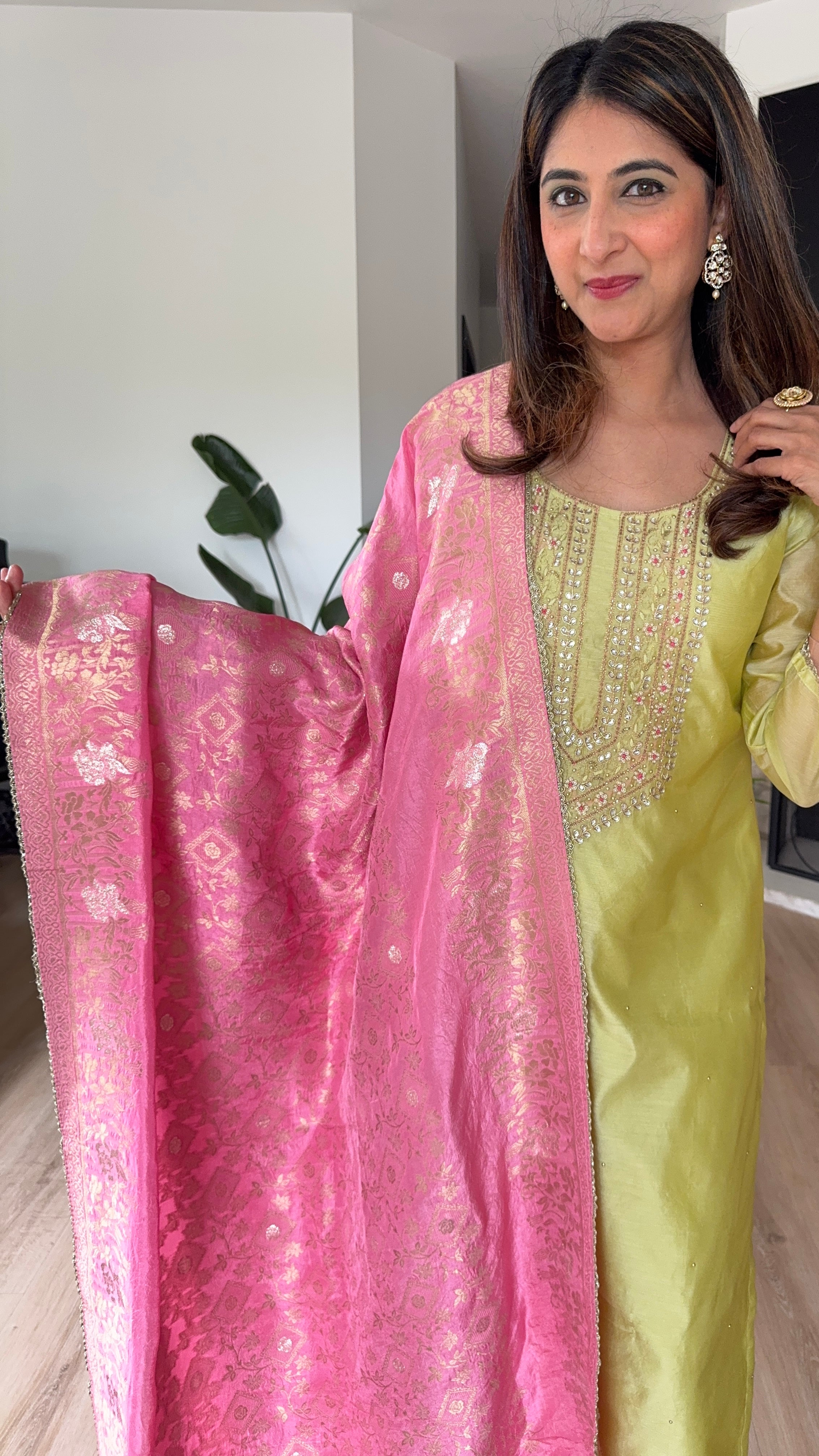 Lemon yellow chanderi silk kurta set with soft pink brocade dupatta