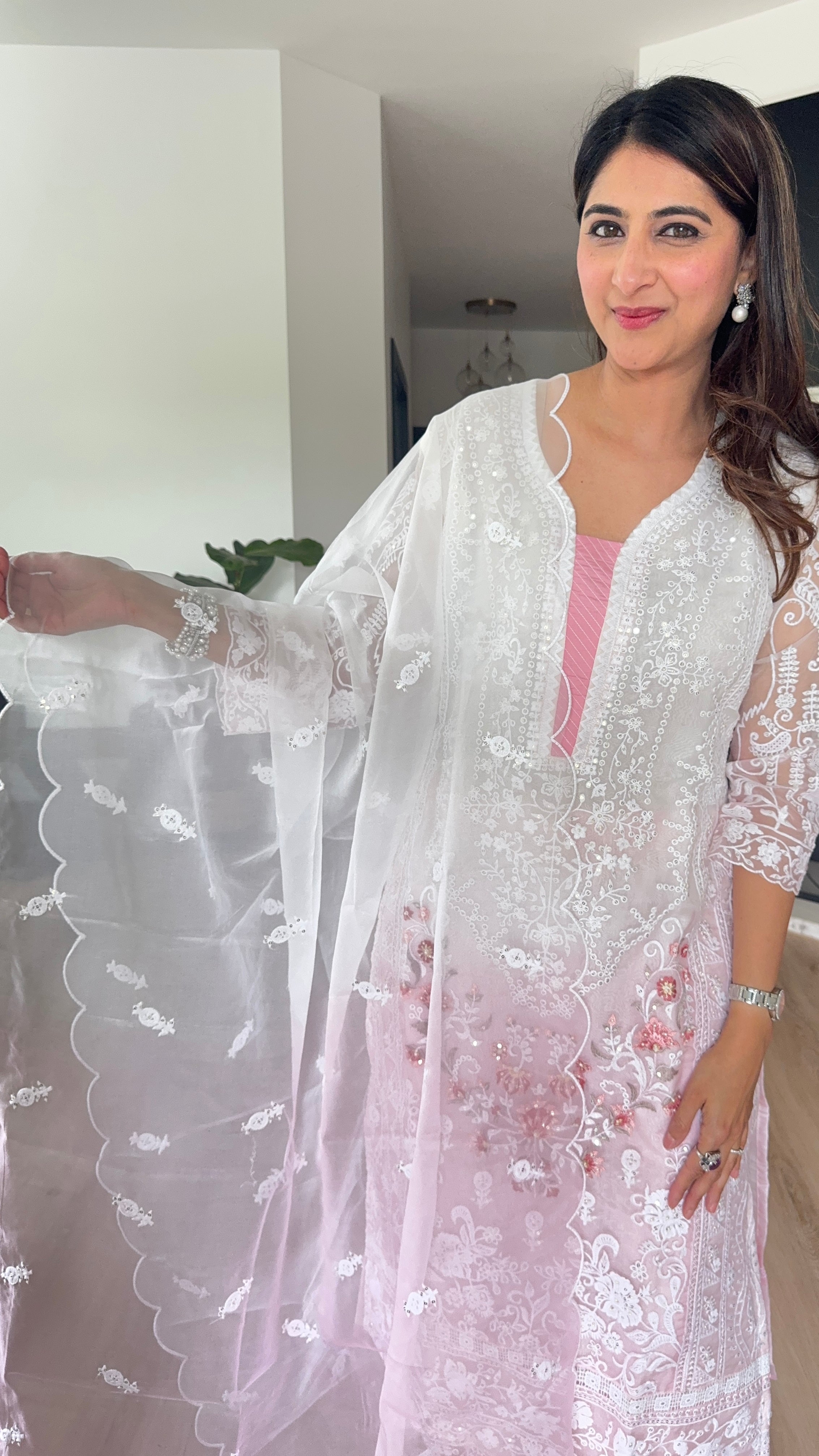 White and pink organza kurta set with organza dupatta