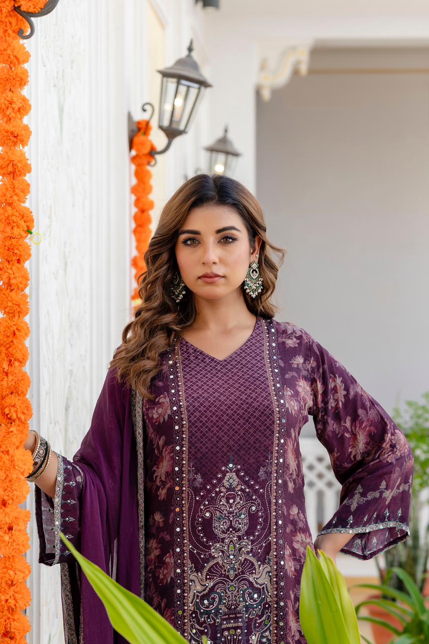 Deep mulberry crepe printed kurta and palazzo set