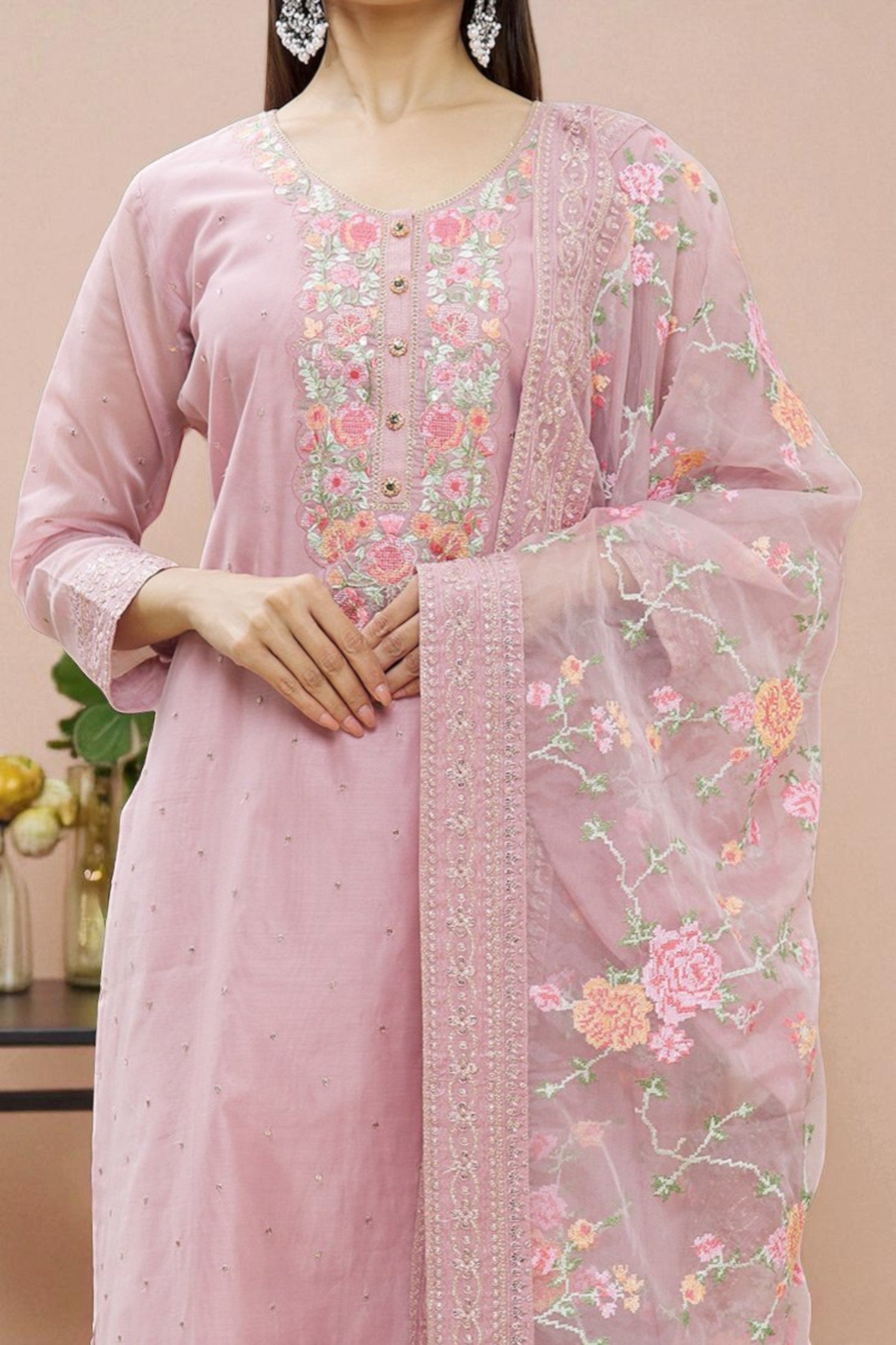 Baby pink glass silk kurta set with organza dupatta