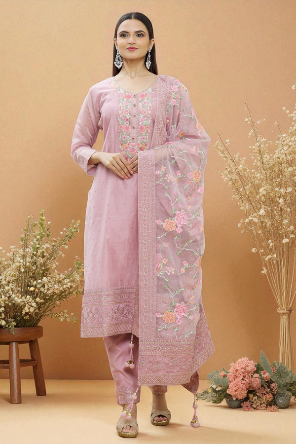 Baby pink glass silk kurta set with organza dupatta