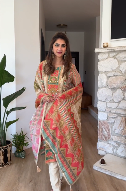 Beige and red shimmer tissue kurta set
