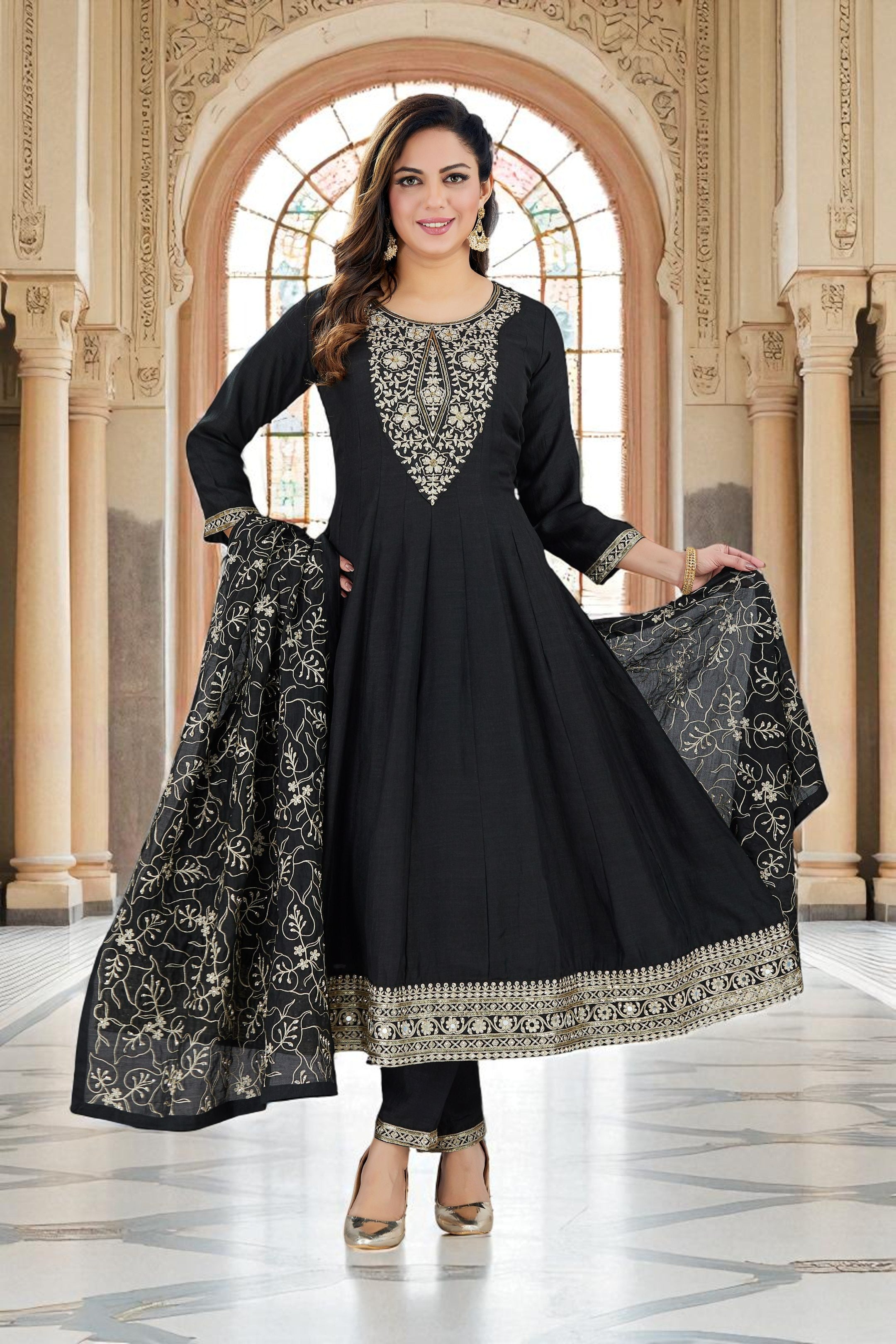 Black anarkali kurta set with silver threadwork dupatta