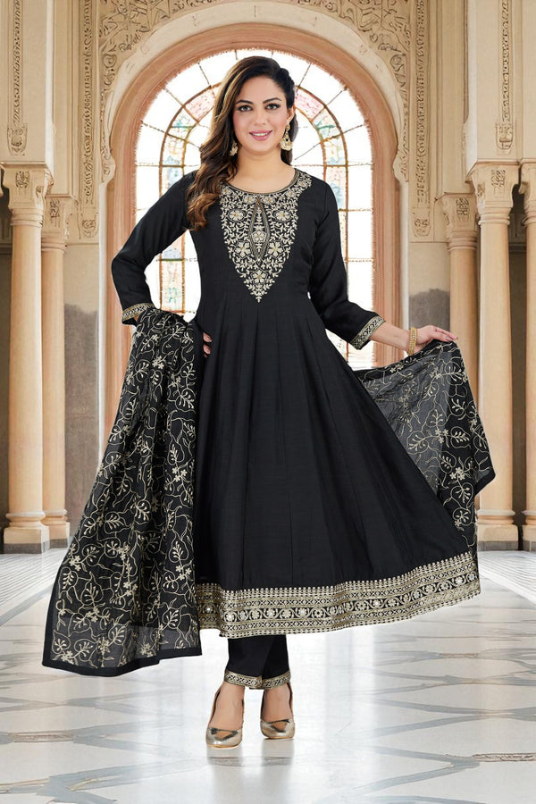 Black anarkali kurta set with silver threadwork dupatta