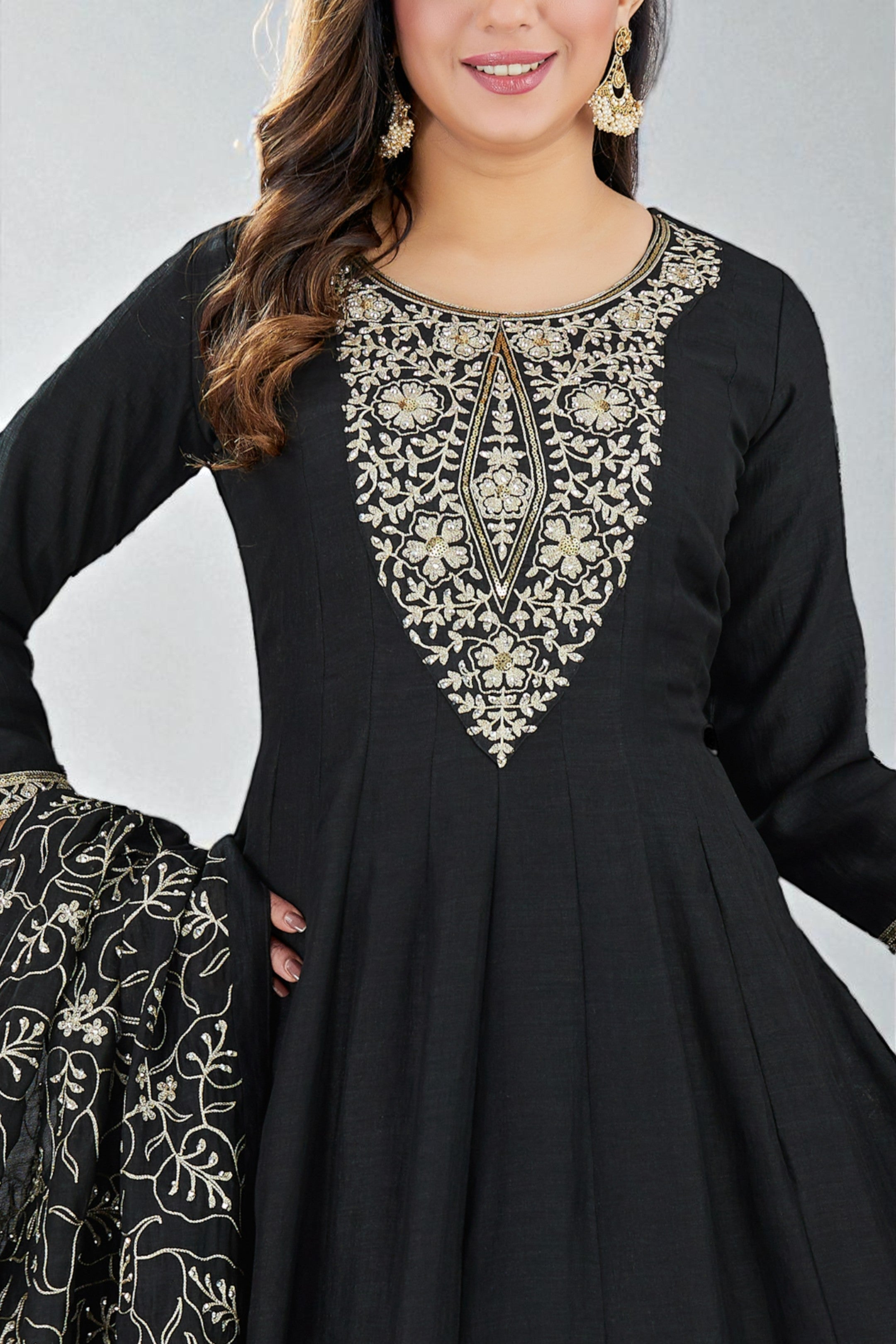 Black anarkali kurta set with silver threadwork dupatta