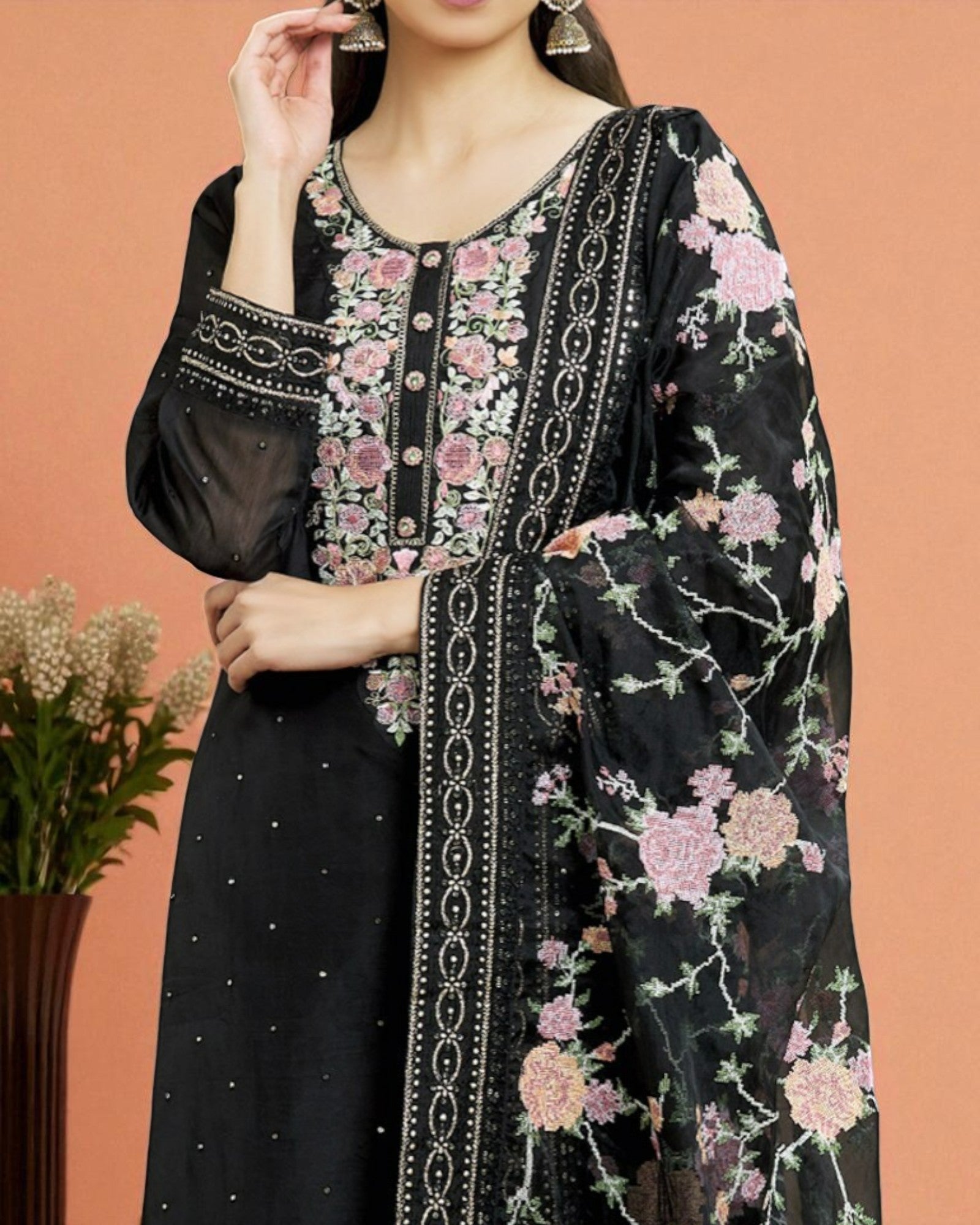 Black soft silk kurta set with organza dupatta