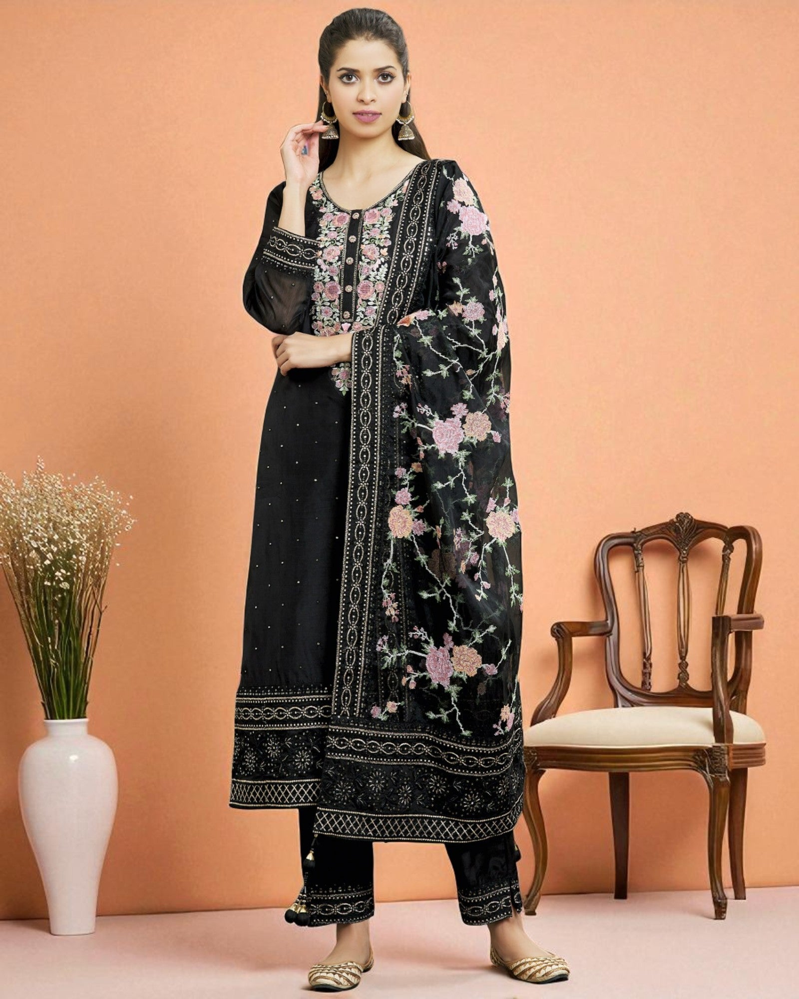 Black soft silk kurta set with organza dupatta