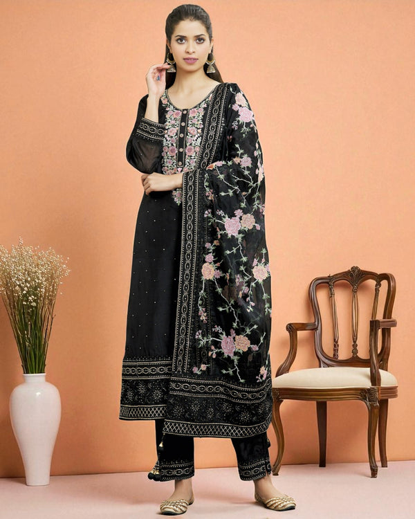 Black soft silk kurta set with organza dupatta