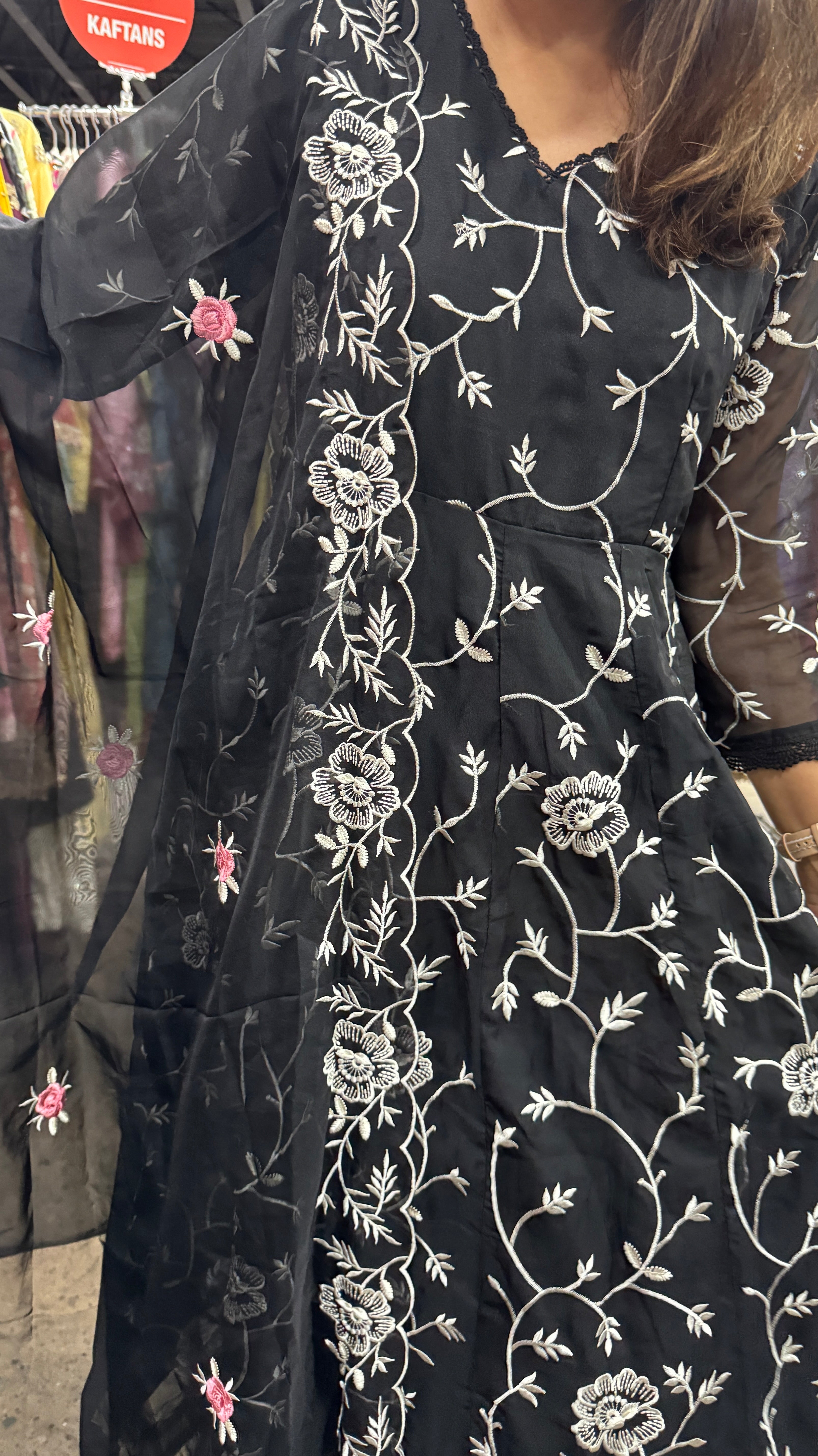 Black soft organza anarkali kurta set with scallop dupatta