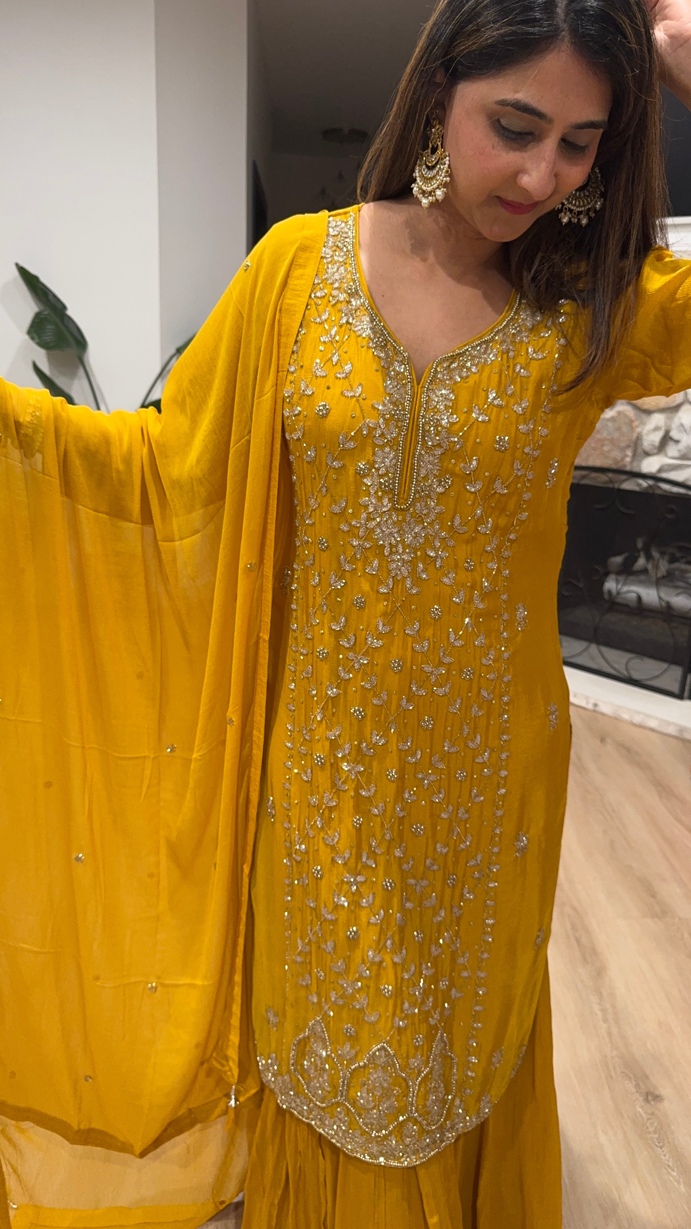 Golden yellow chiffon sharara set with chiffon dupatta