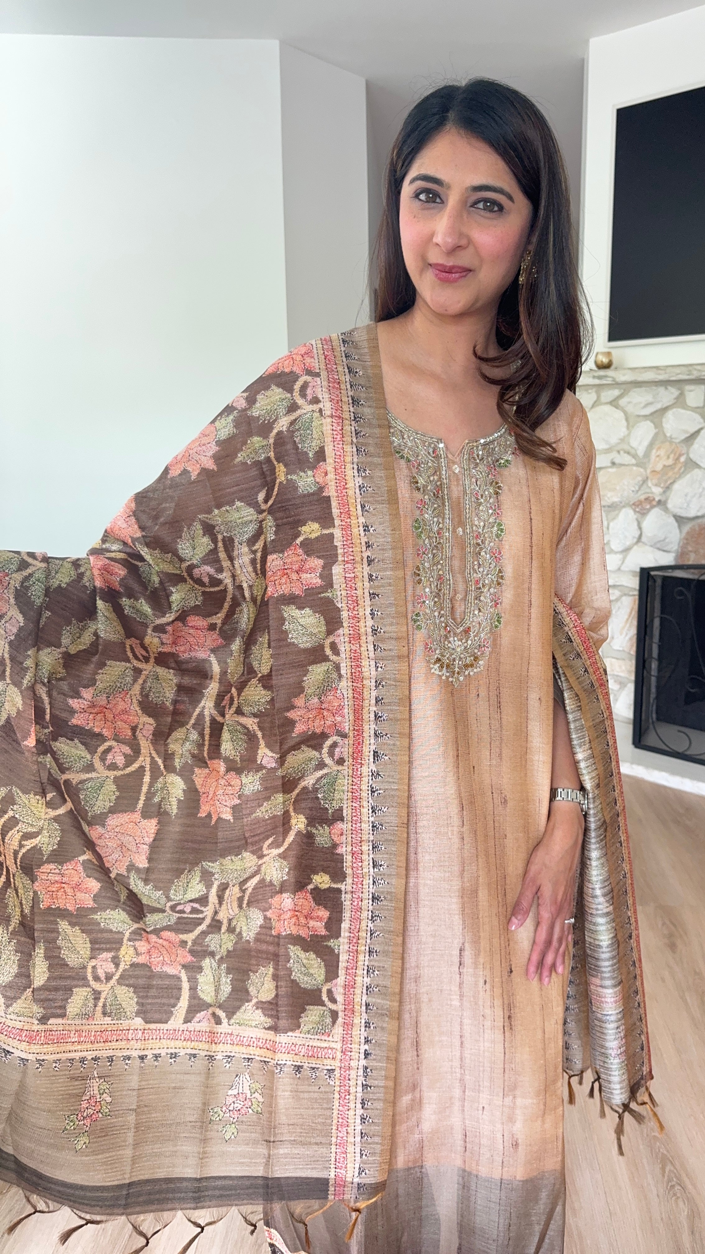 Beige chanderi kurta set with dark olive handloom dupatta