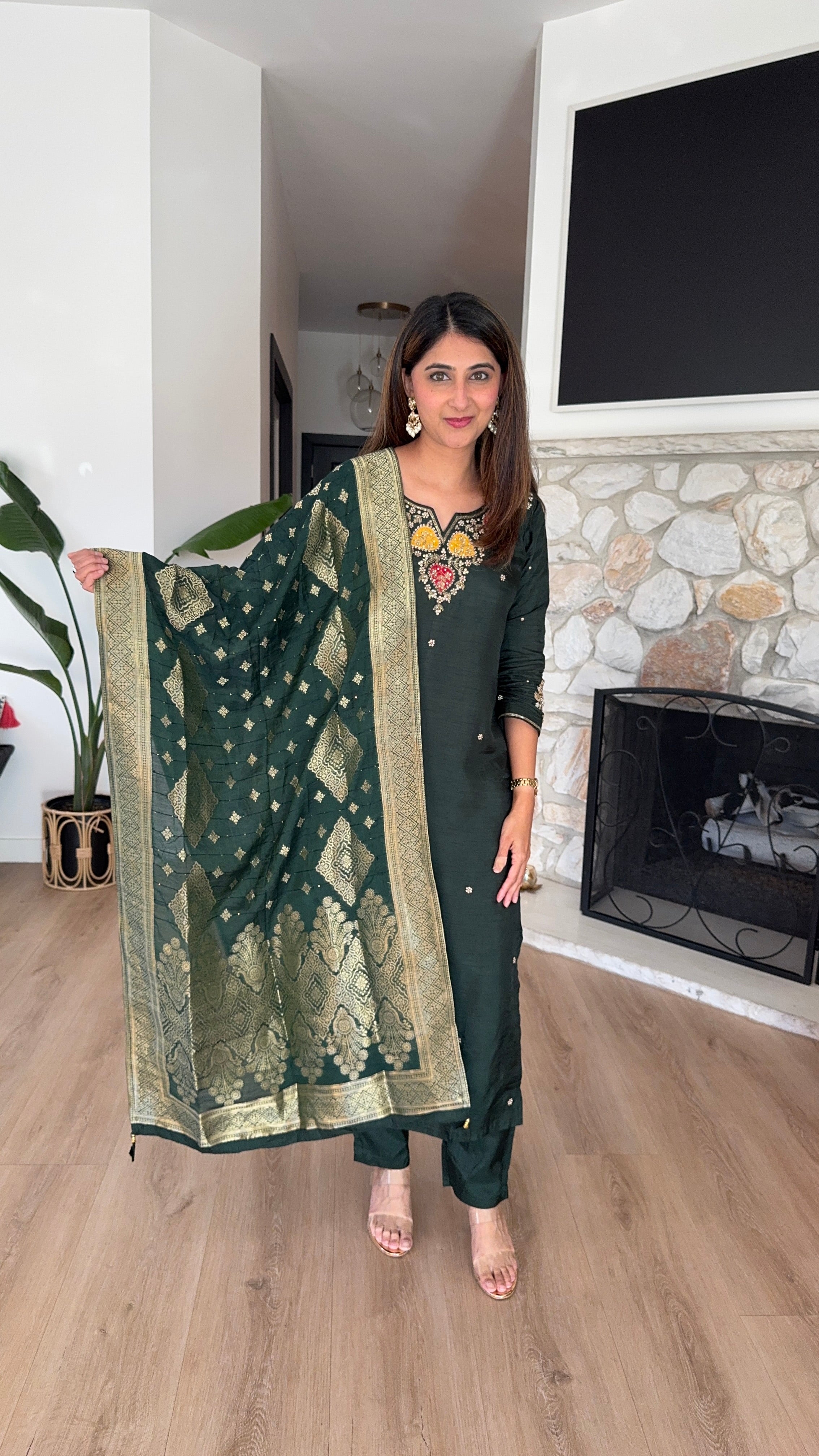 Dark green dola silk kurta set with woven dupatta