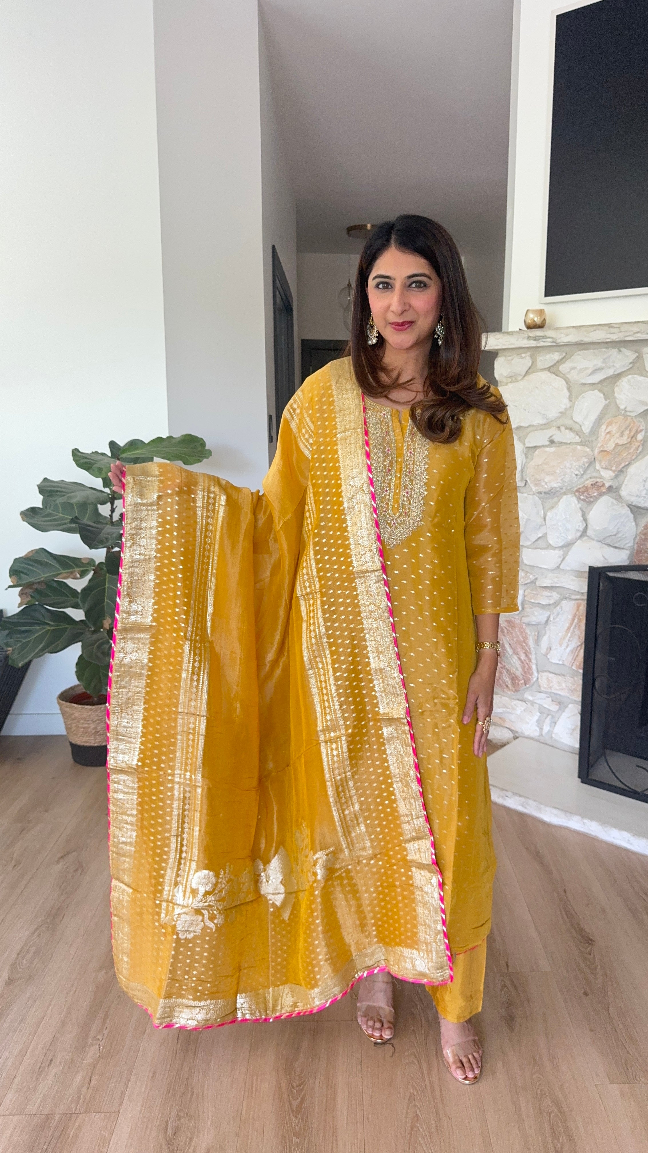 Mustard yellow shimmer tissue kurta set with tissue dupatta