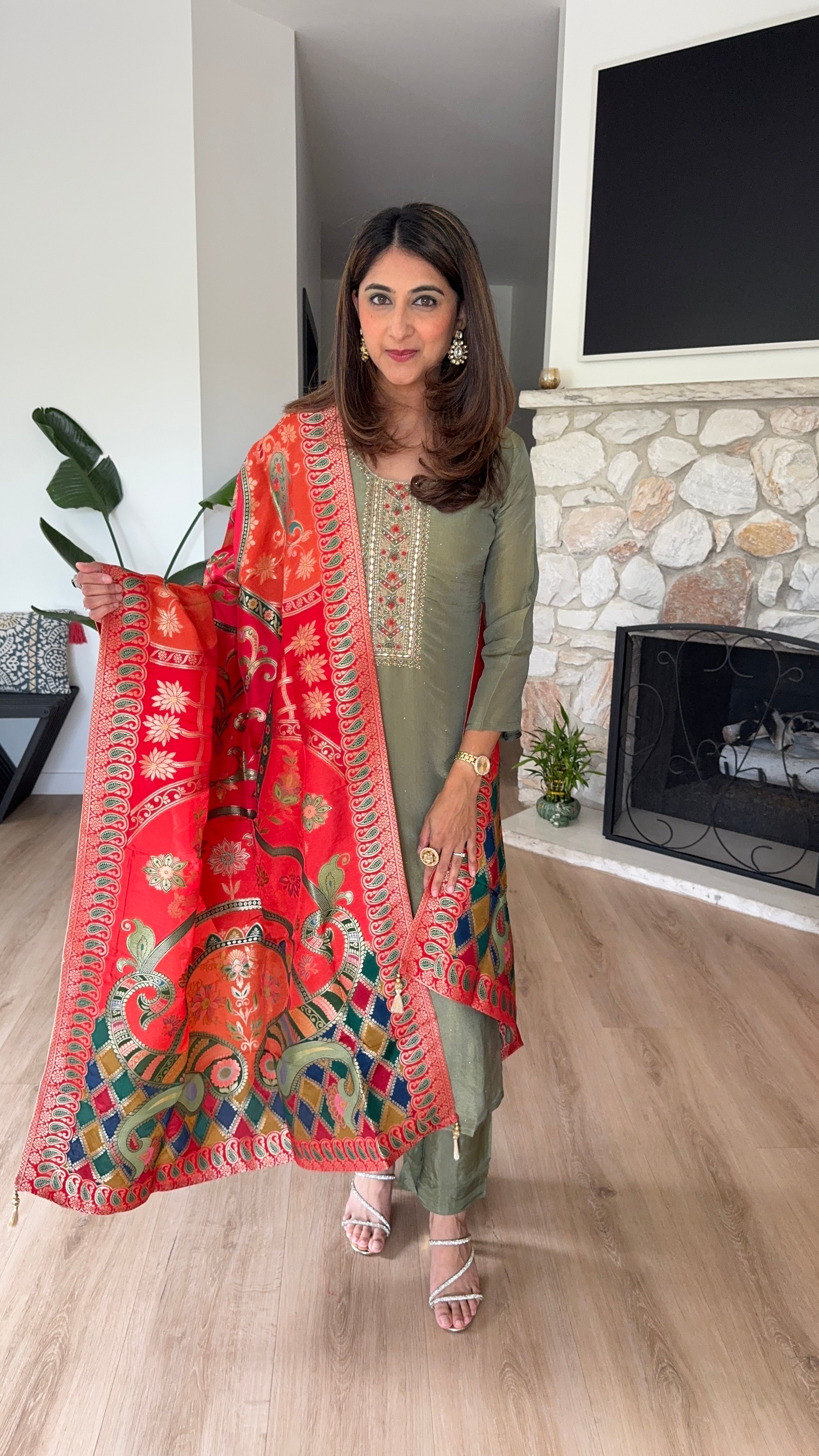 Olive green shimmer silk kurta set with red brocade dupatta