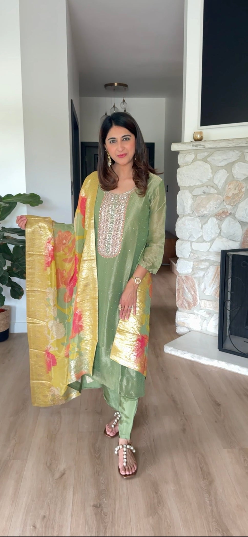 Olive green shimmer tissue kurta set with yellow floral dupatta