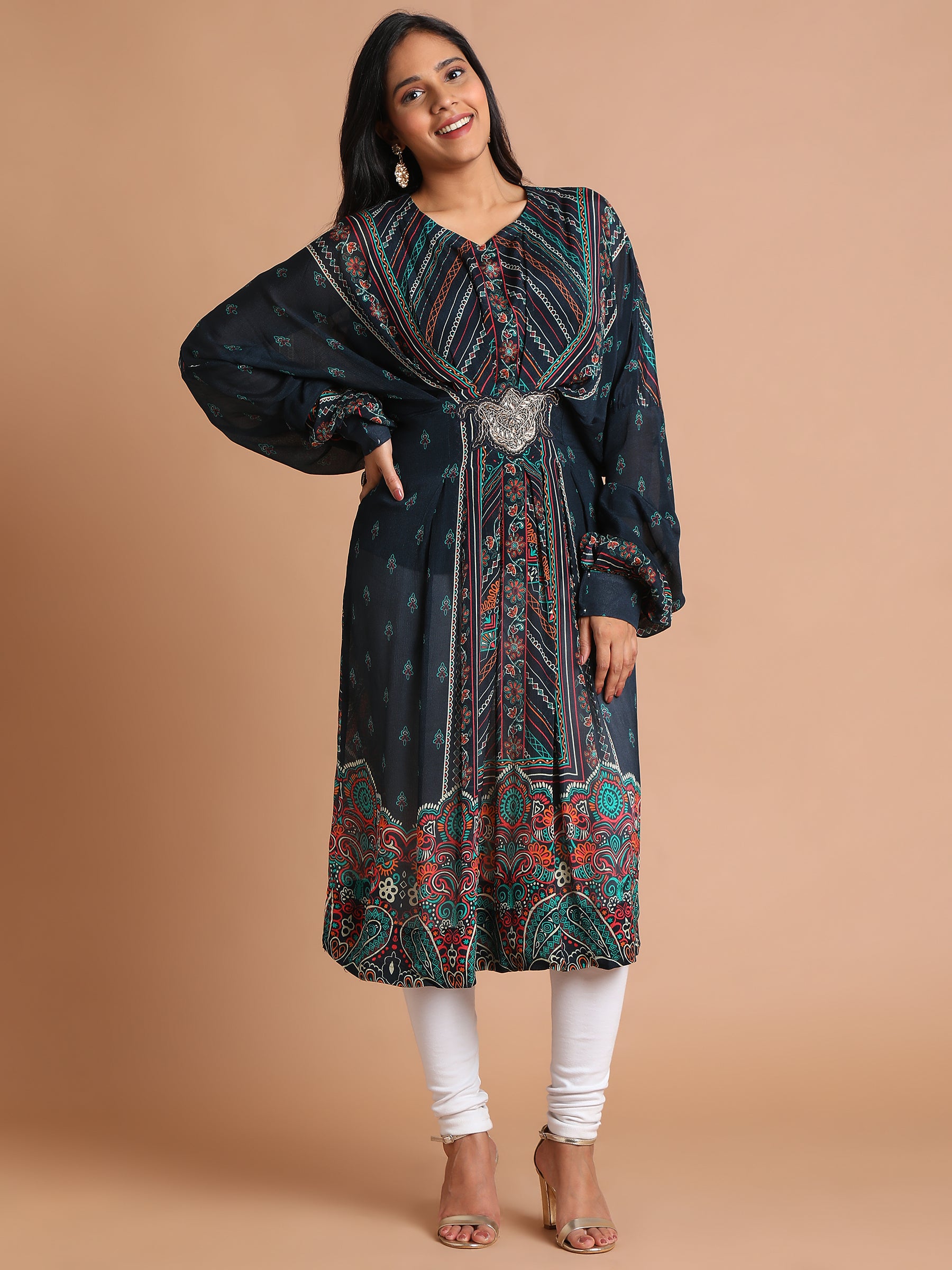 Black floral printed kaftan with zardozi motif