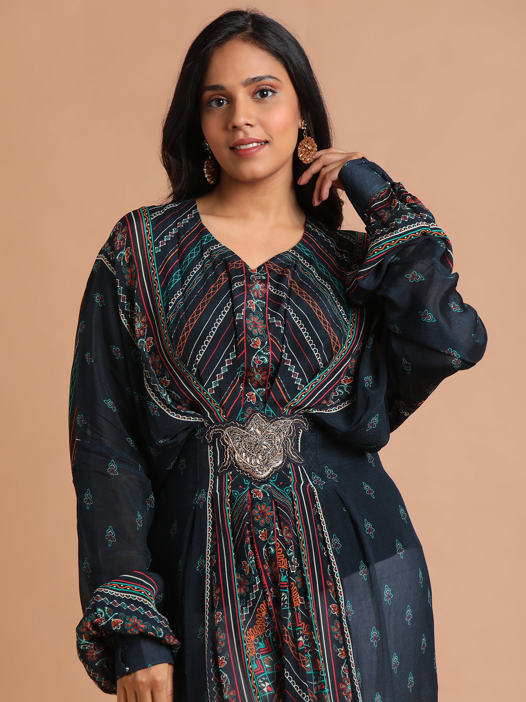 Black floral printed kaftan with zardozi motif