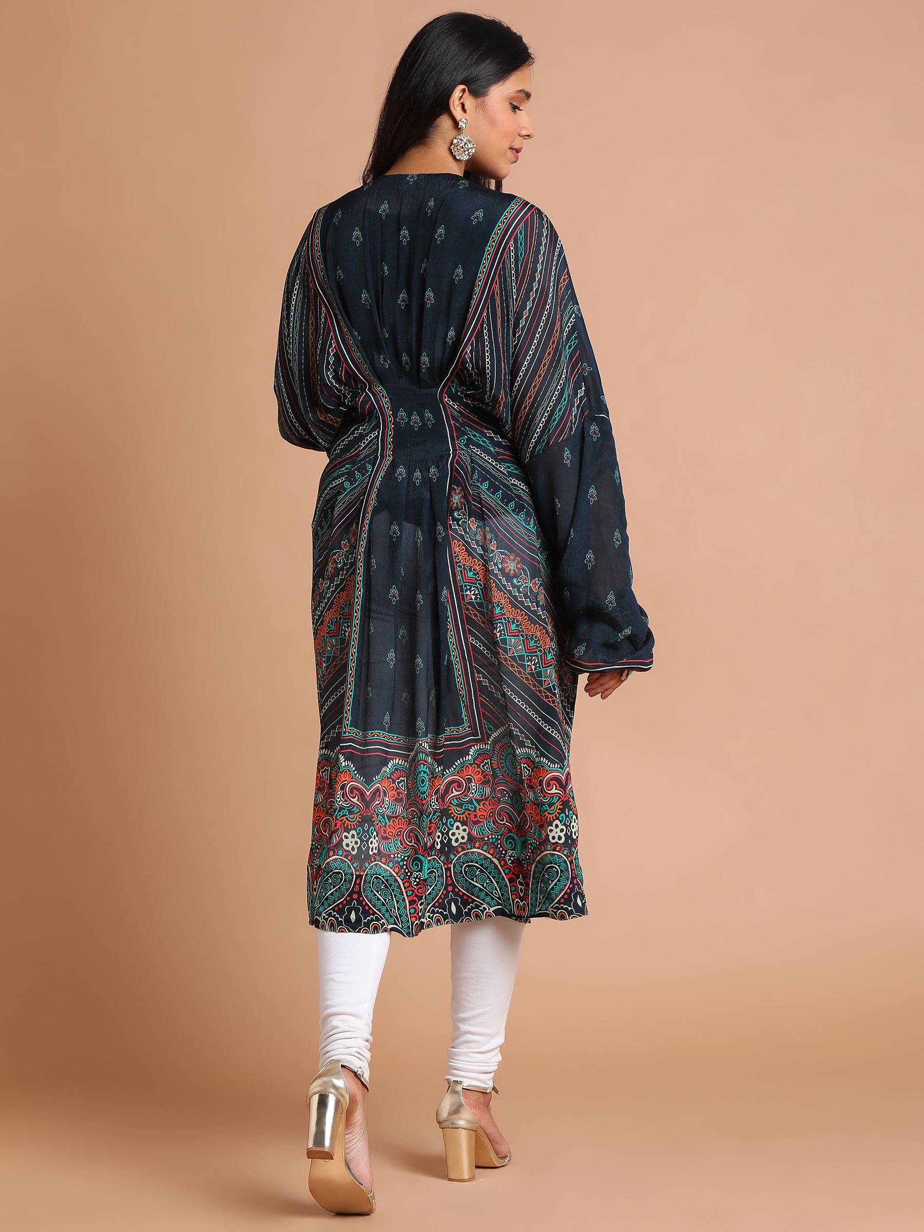 Black floral printed kaftan with zardozi motif