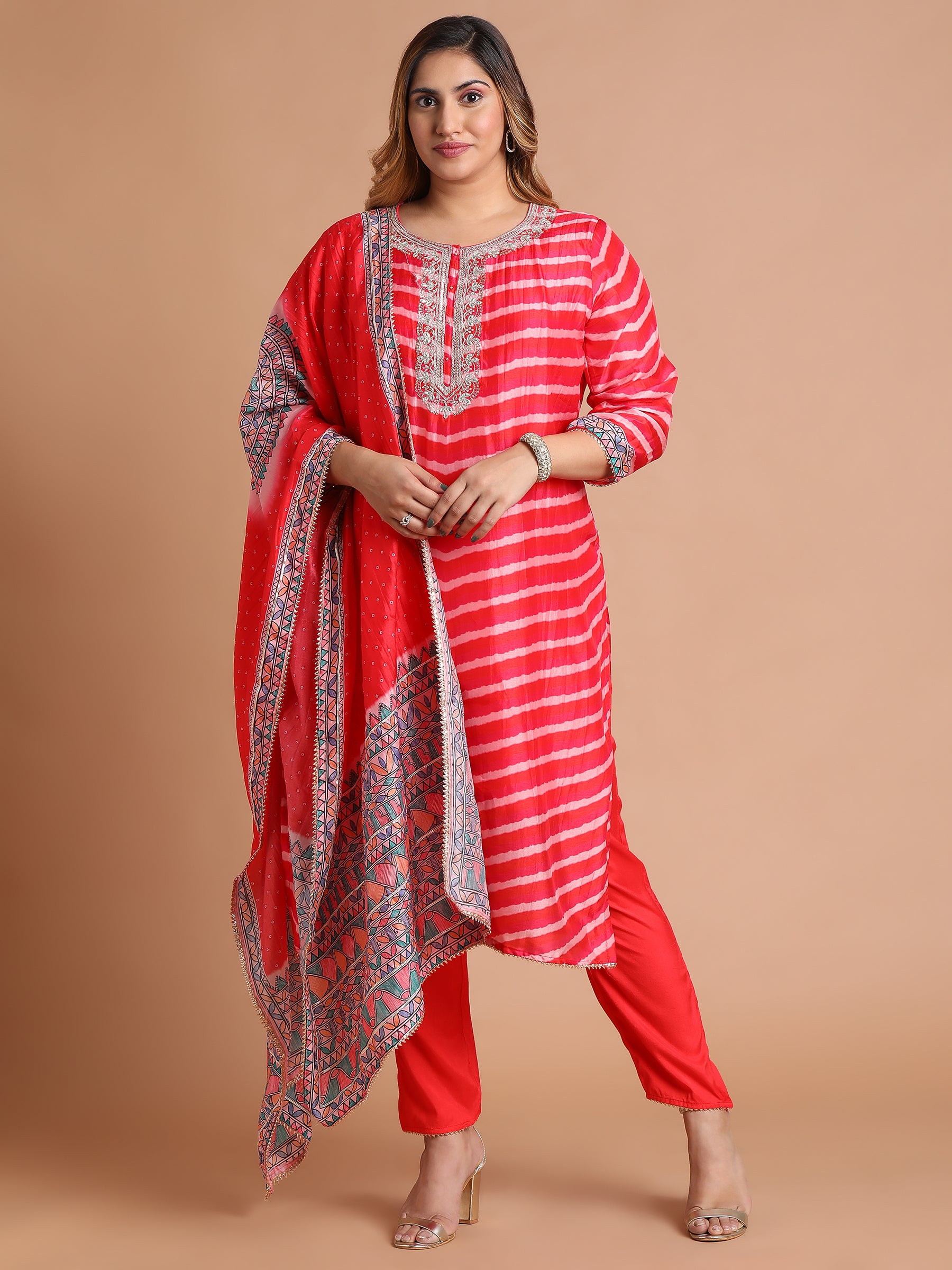 Red and pink tie dye kurta set