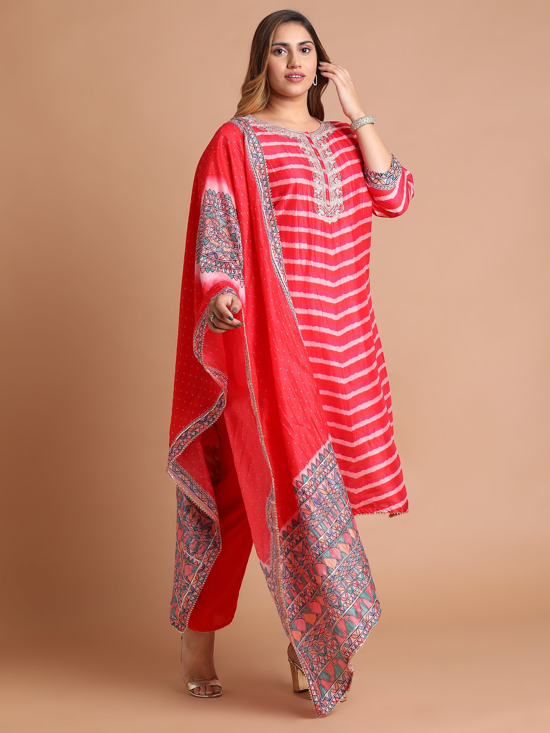 Red and pink tie dye kurta set