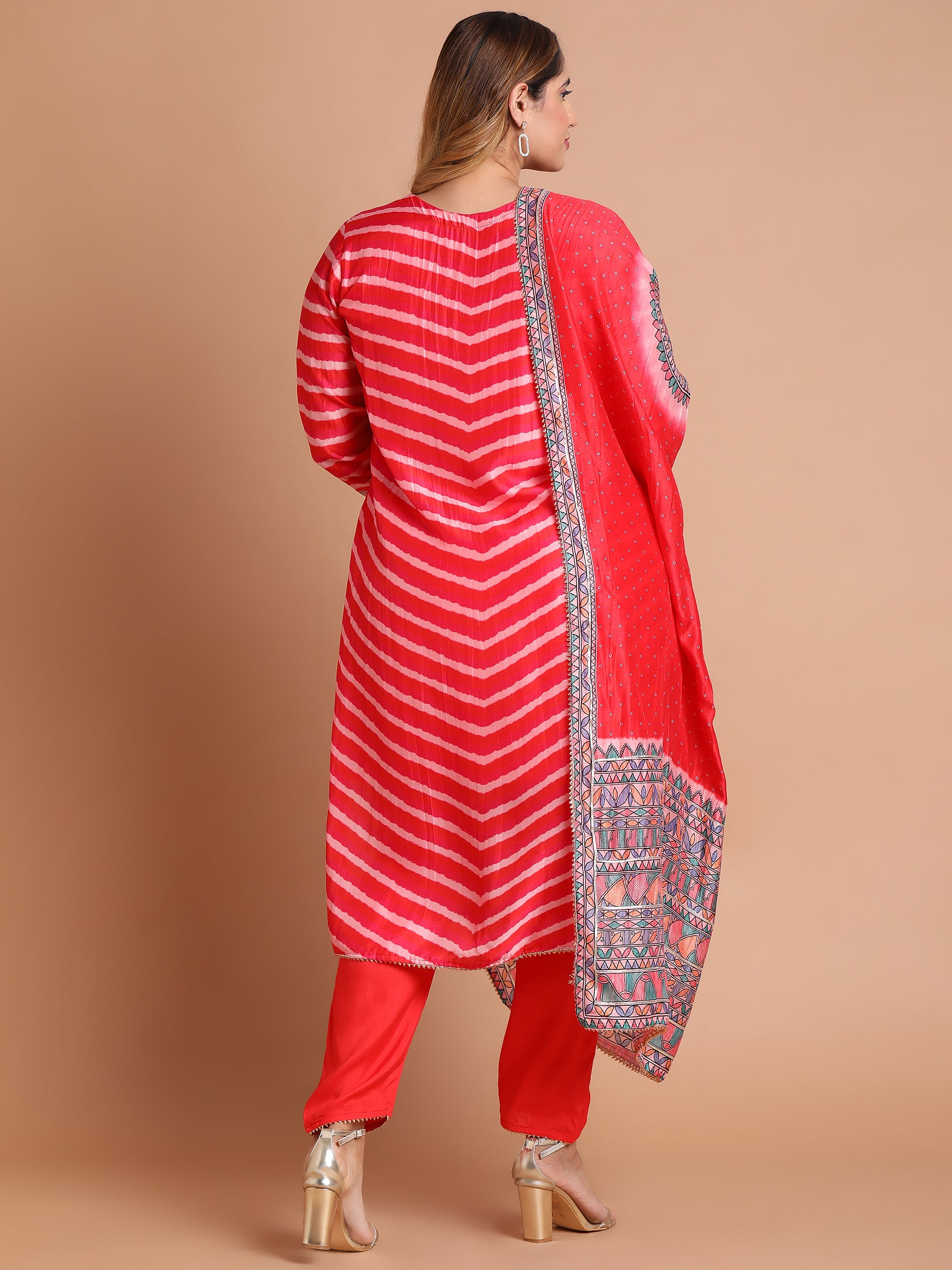 Red and pink tie dye kurta set