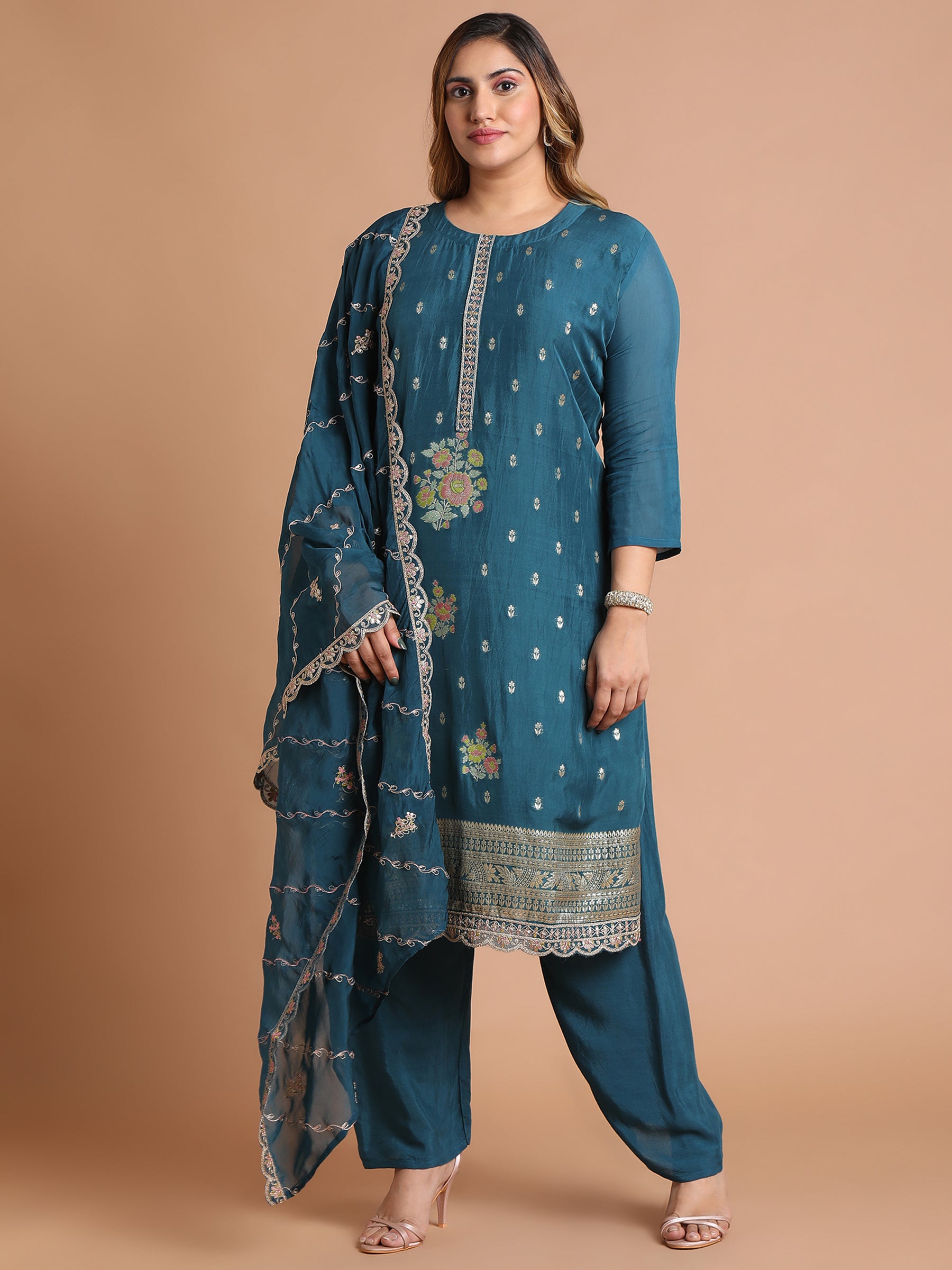 Peacock blue kurta set with scallop dupatta