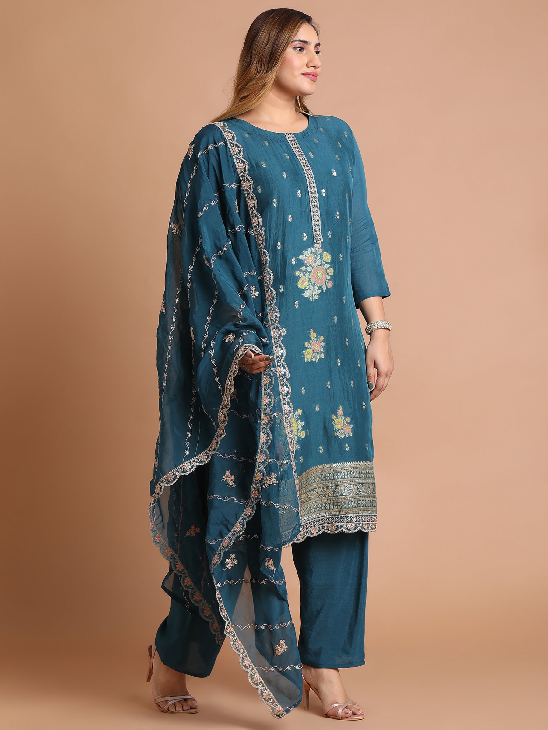 Peacock blue kurta set with scallop dupatta