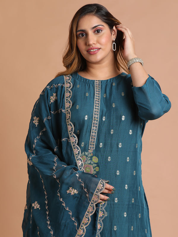 Peacock blue kurta set with scallop dupatta