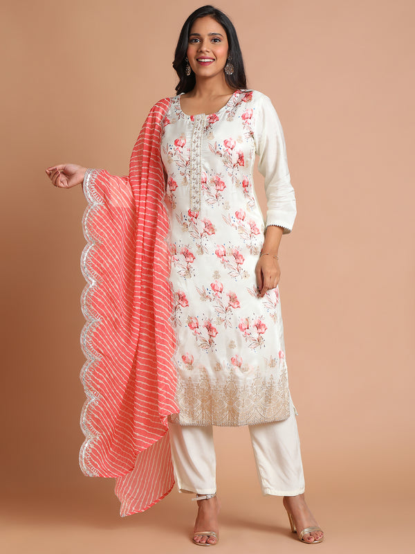 White floral kurta set with red tie dye scallop dupatta