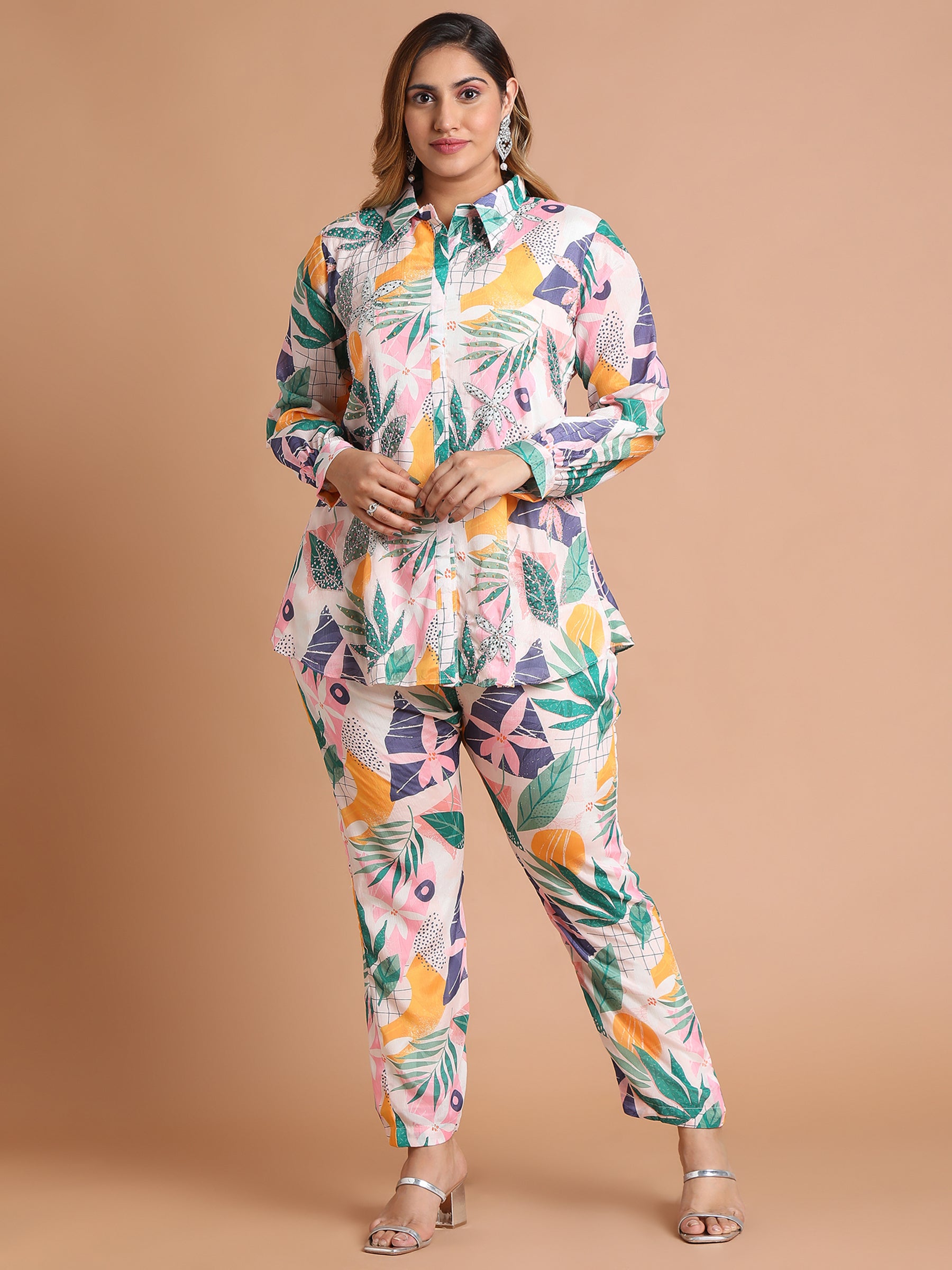 White multicolor leaf print embroidered shirt and pant set