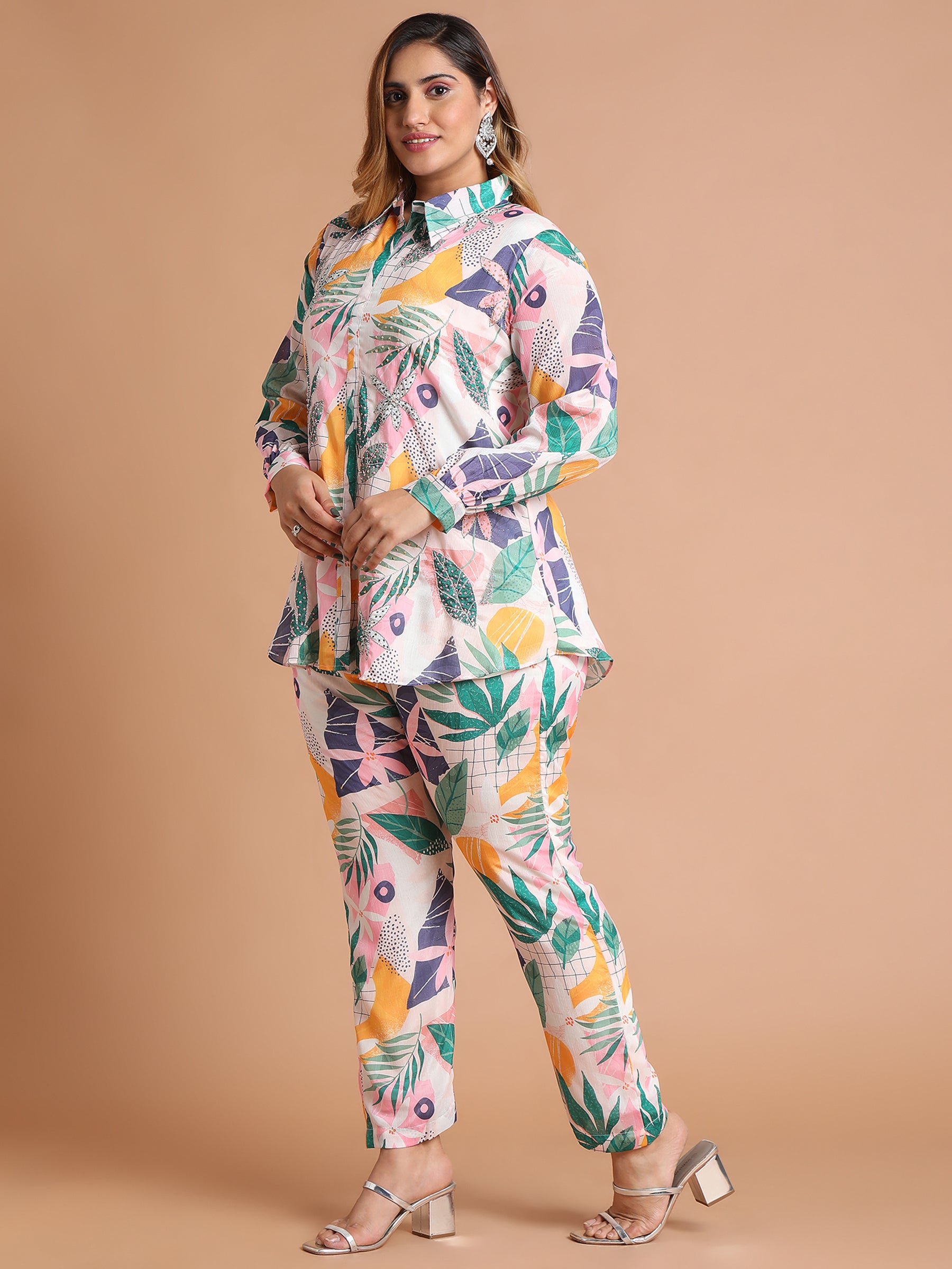 White multicolor leaf print embroidered shirt and pant set