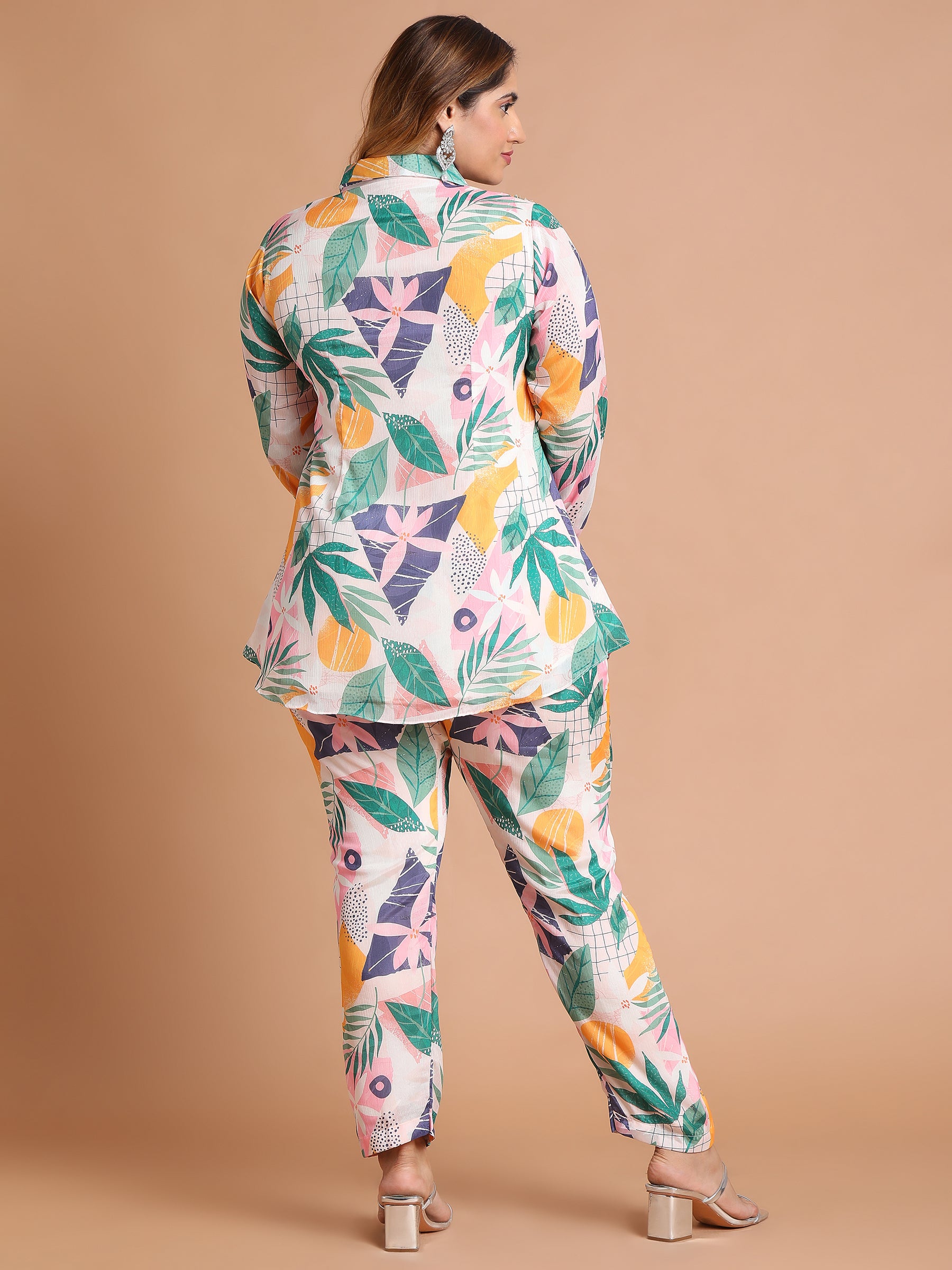 White multicolor leaf print embroidered shirt and pant set