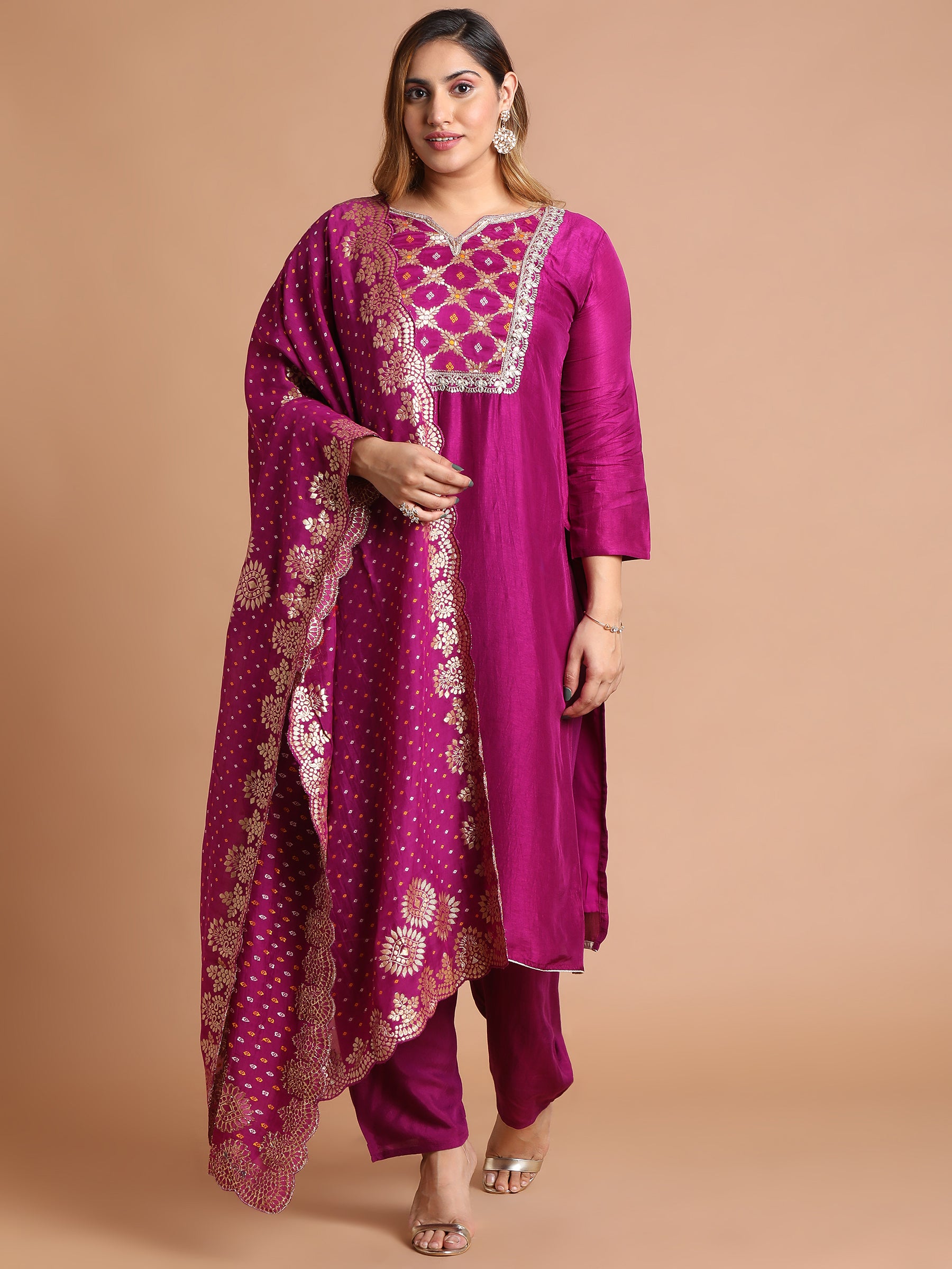 Magenta mixed fabric embroidered kurta set with brocade dupatta