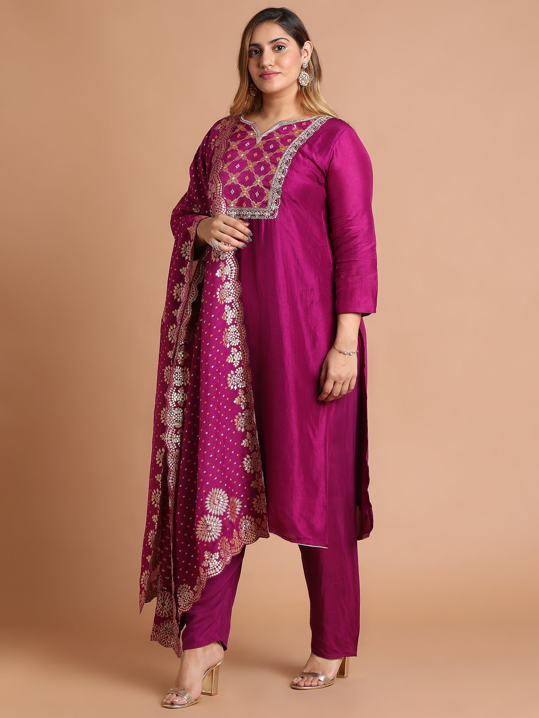 Magenta mixed fabric embroidered kurta set with brocade dupatta