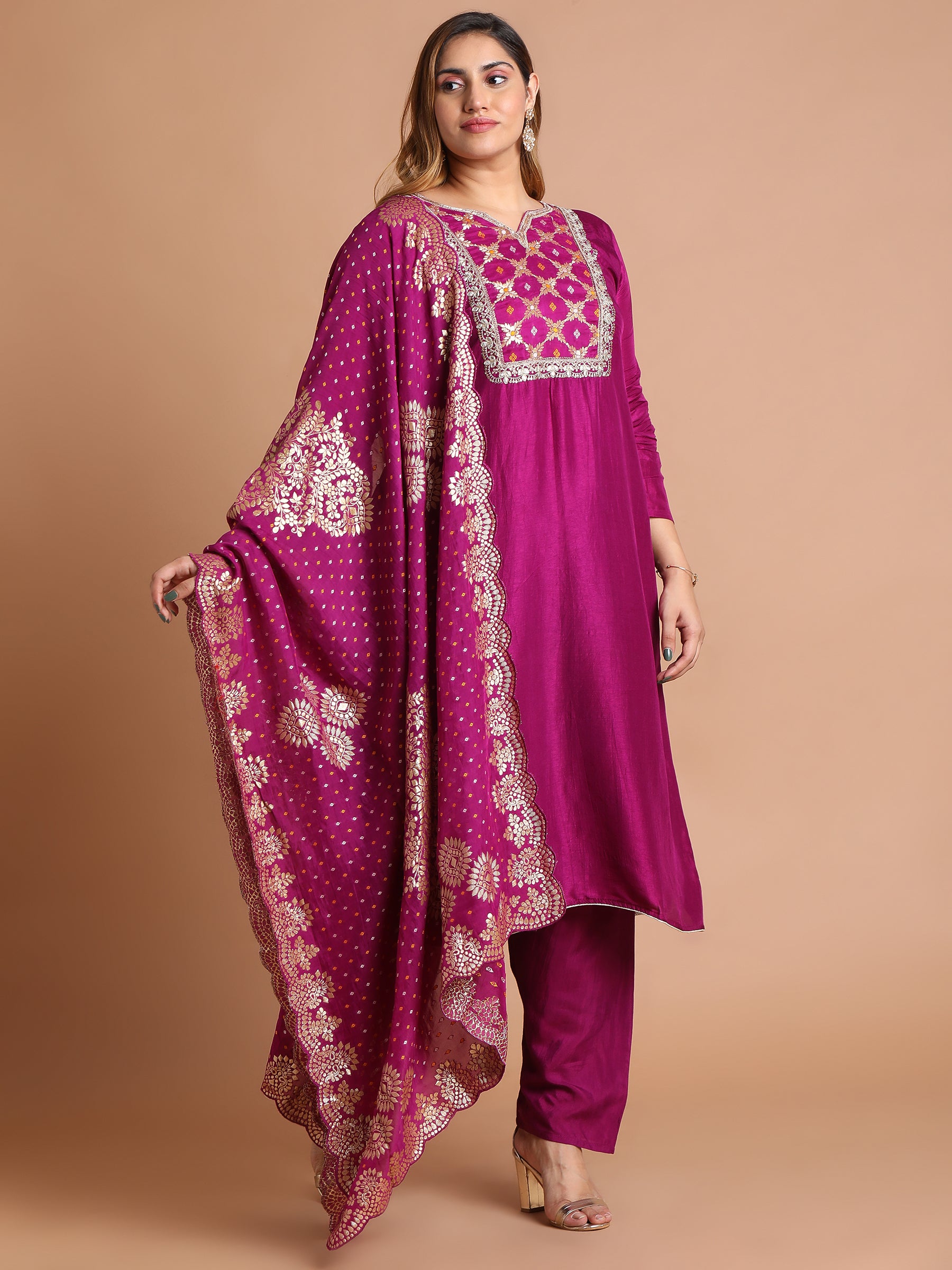 Magenta mixed fabric embroidered kurta set with brocade dupatta