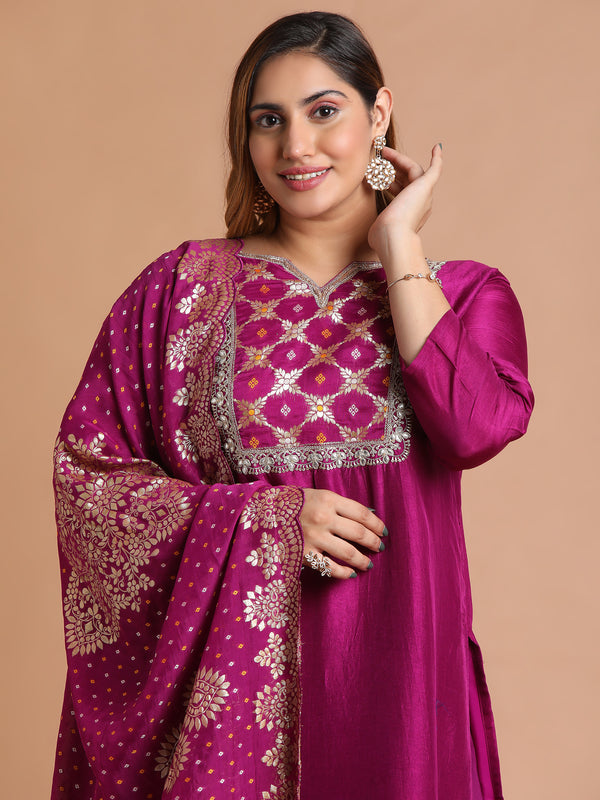 Magenta mixed fabric embroidered kurta set with brocade dupatta