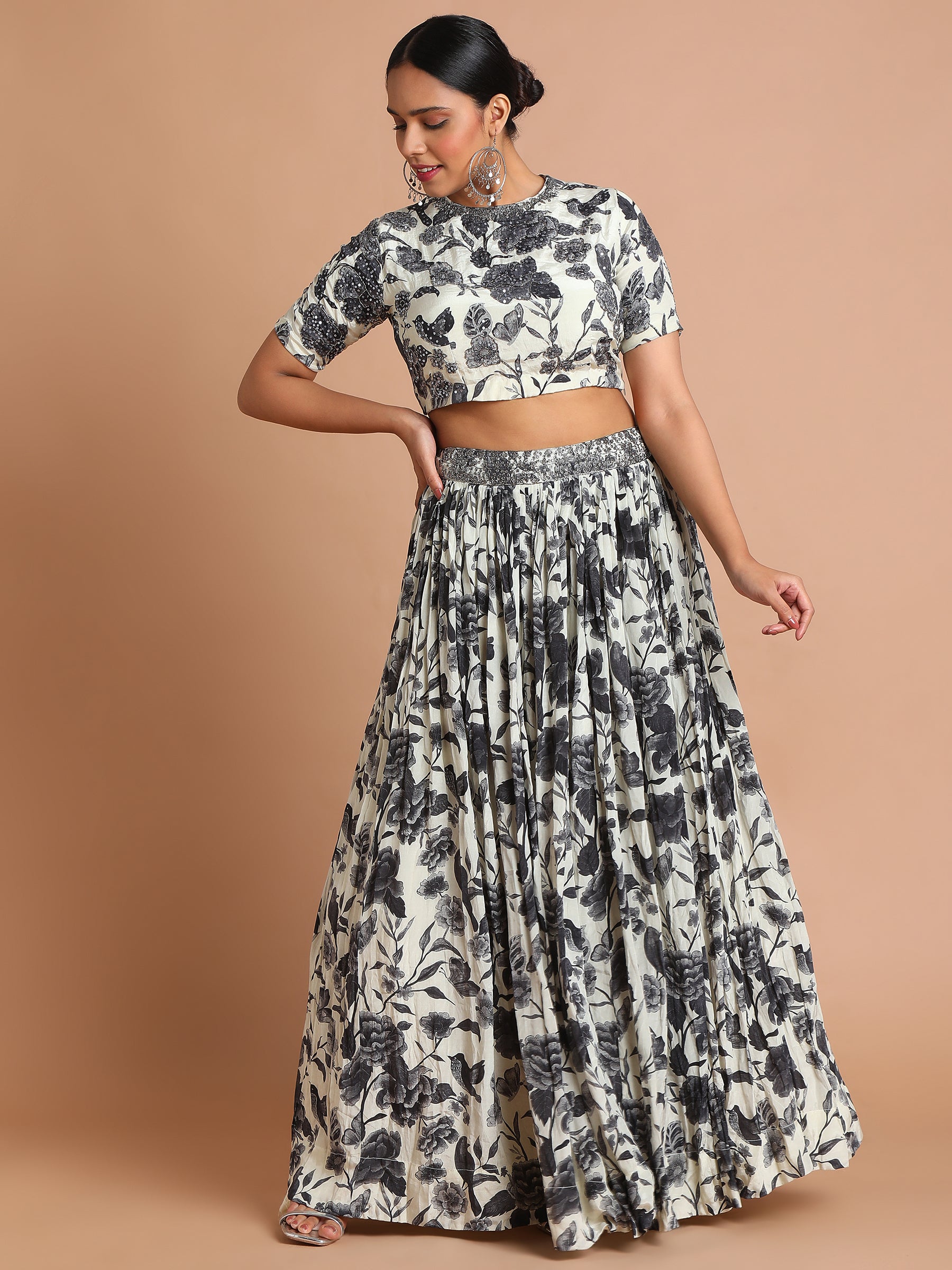 Black and white floral printed crop top with skirt