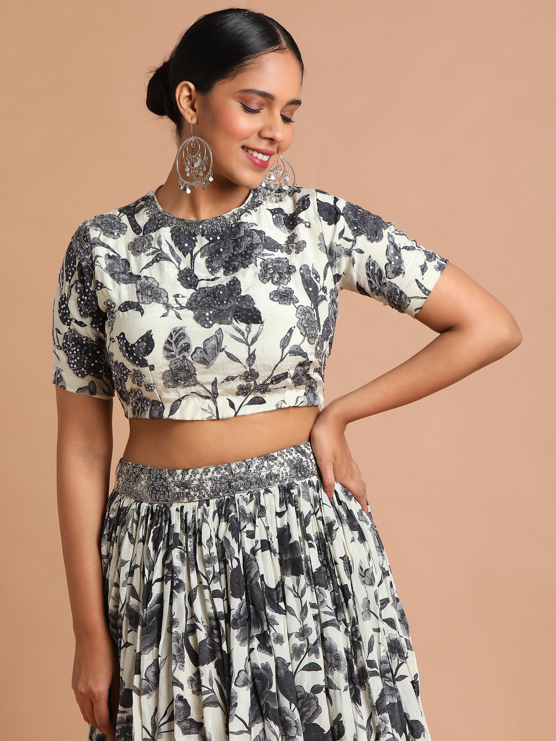 Black and white floral printed crop top with skirt