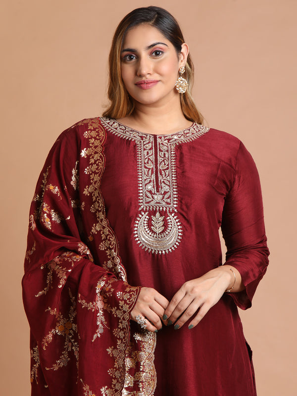 Maroon embroidered kurta set with woven scallop dupatta